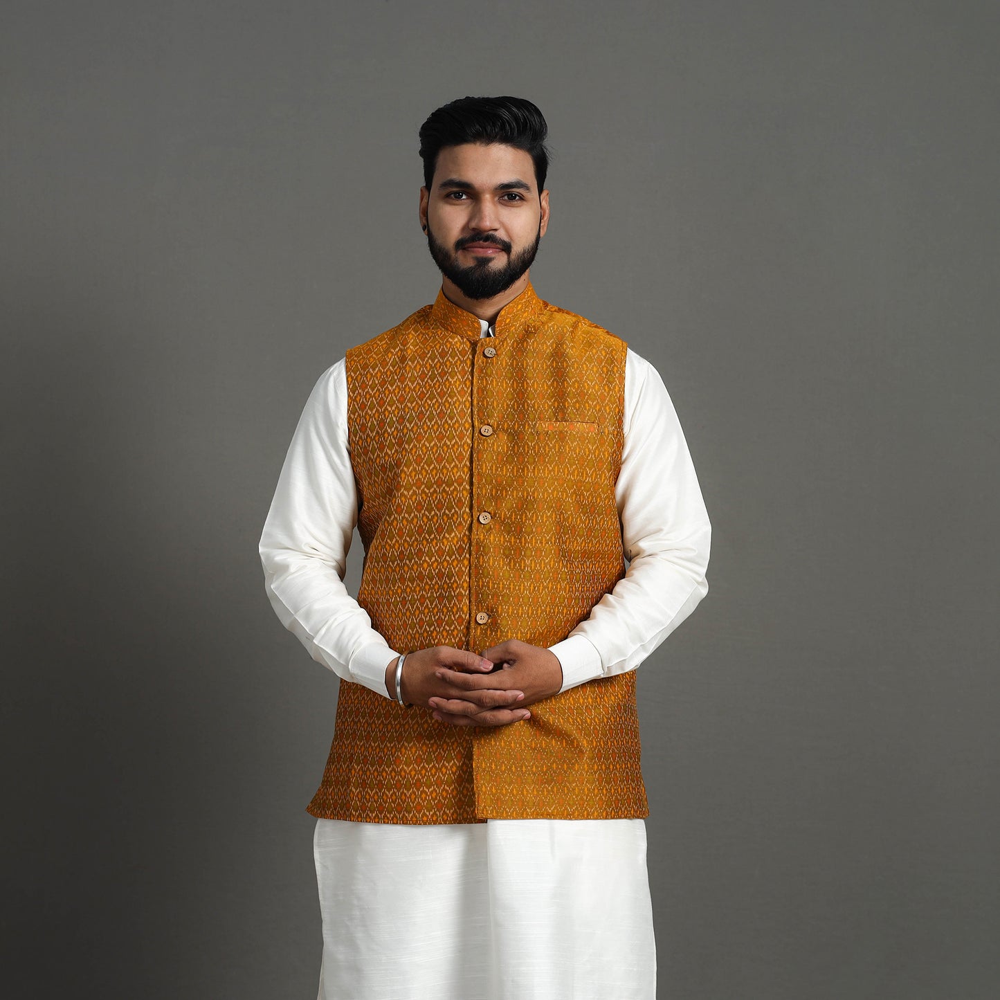 Buy Brown Silk Cotton Pochampally Ikat Nehru Jacket