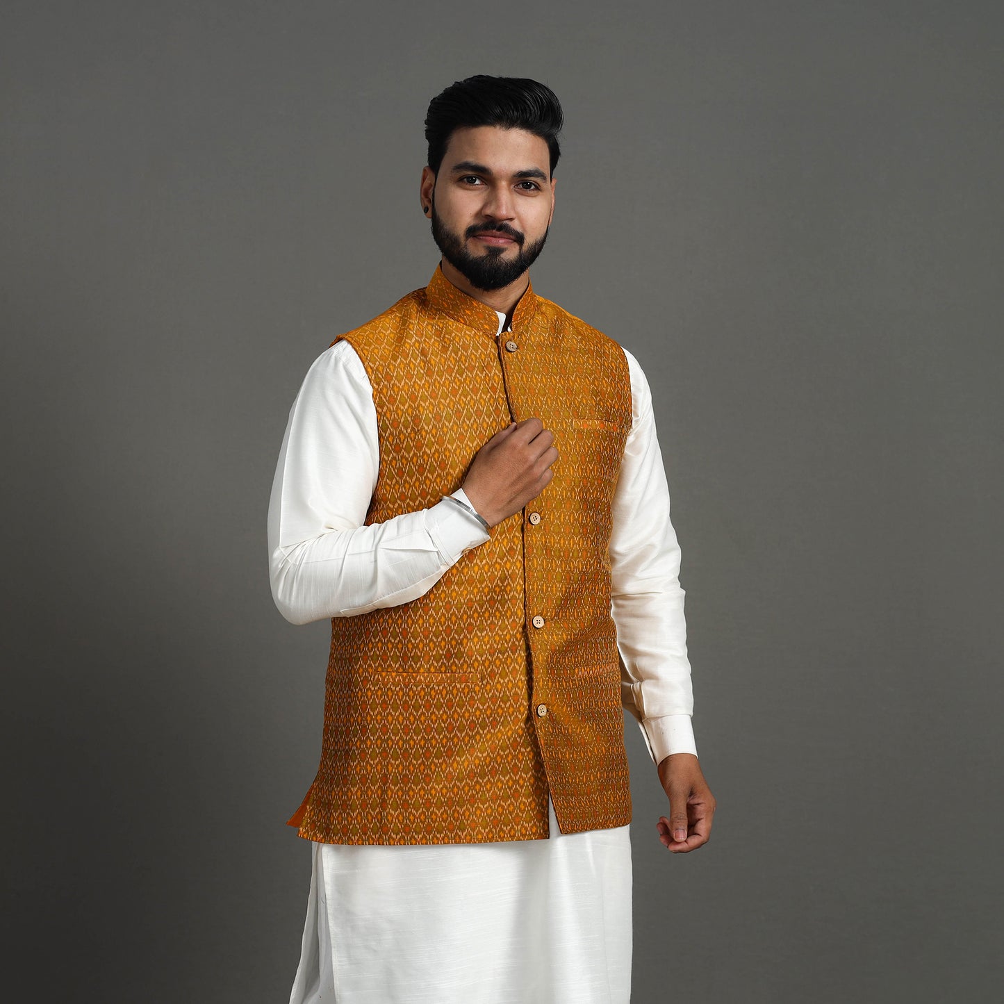 Buy Brown Silk Cotton Pochampally Ikat Nehru Jacket