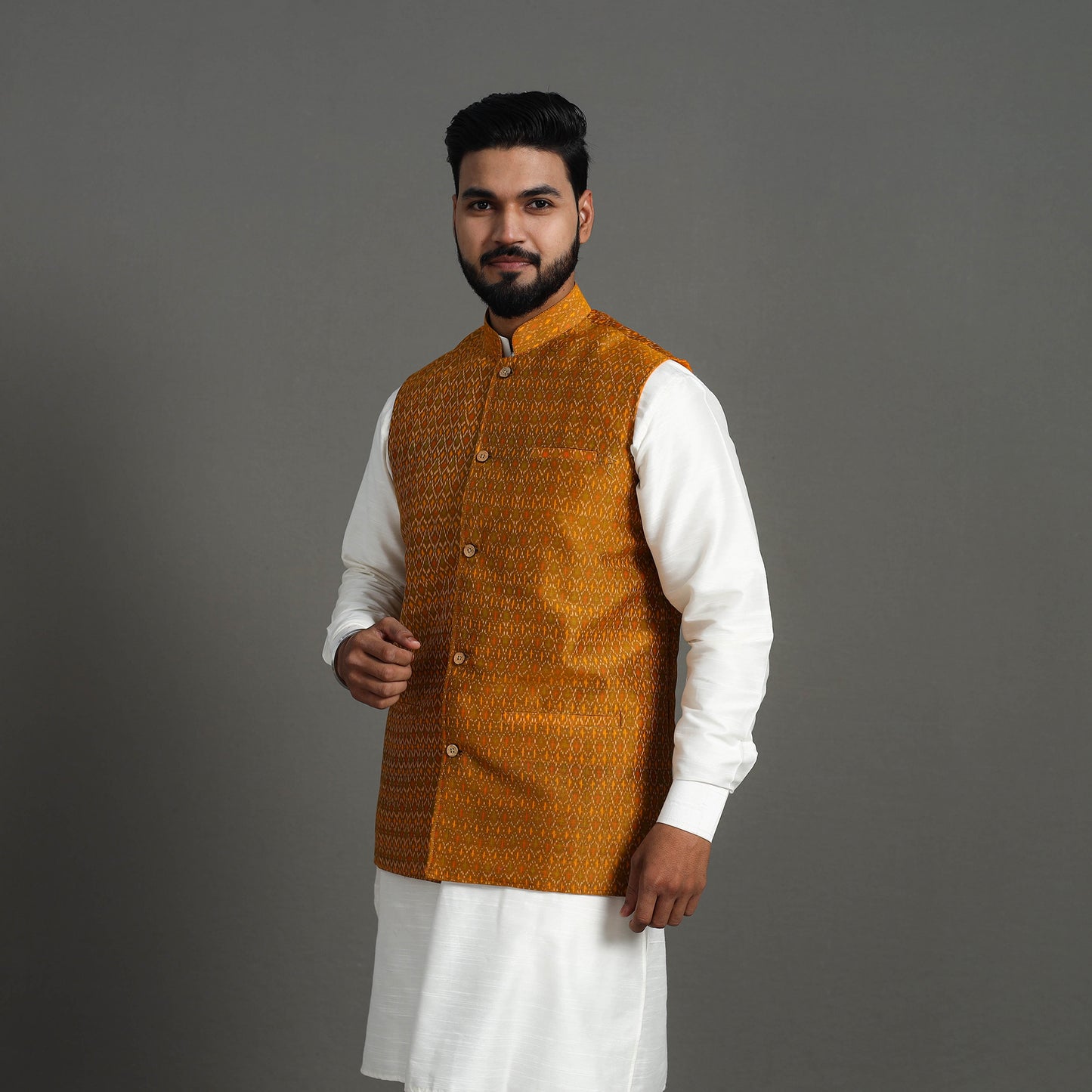 Buy Brown Silk Cotton Pochampally Ikat Nehru Jacket