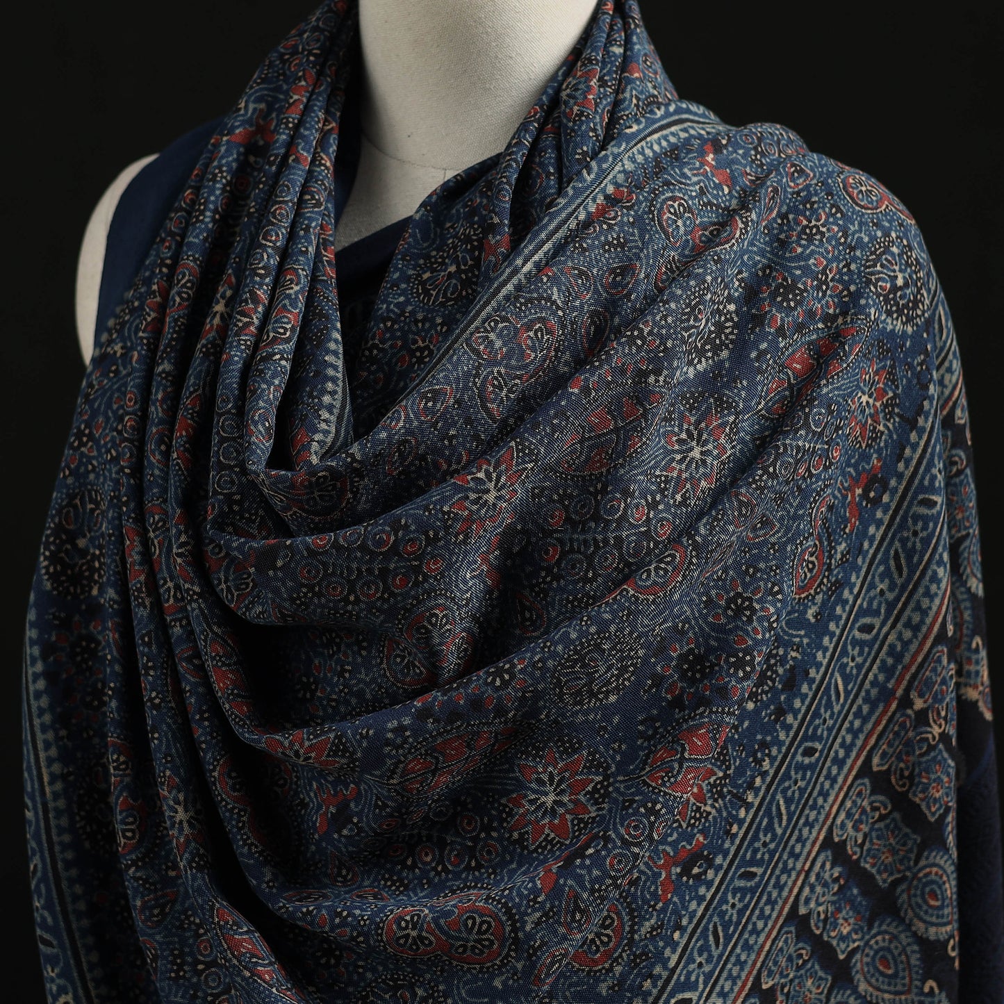 Kutch Handwoven Ajrakh Hand Block Print Merino Wool Shawl 47