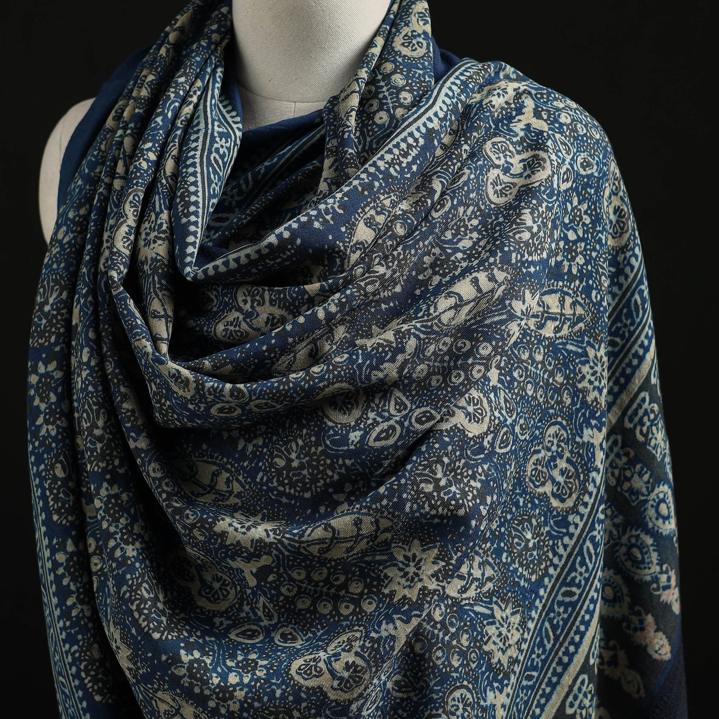 Kutch Handwoven Ajrakh Hand Block Print Merino Wool Shawl 48