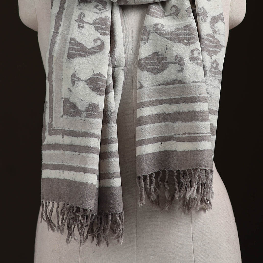 Bagru Dabu Hand Block Print Pure Merino Wool Handwoven Natural Dyed Stole 01