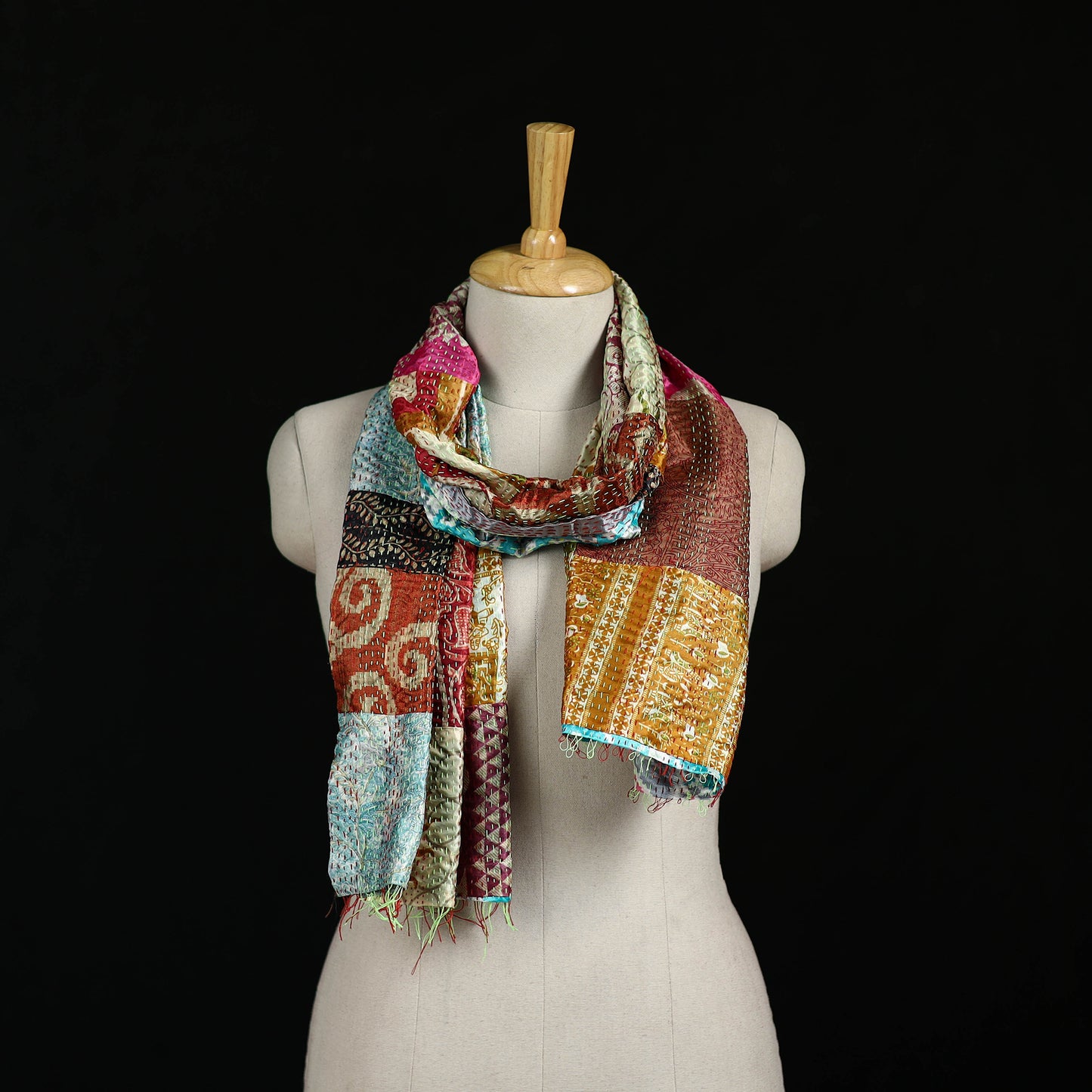 Bengal Kantha Handwork Patchwork Reversible Silk Stole 381