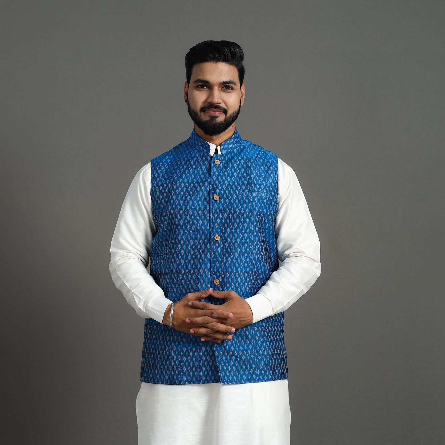 Buy Blue Silk Cotton Handwoven Pochampally Ikat Nehru Jacket