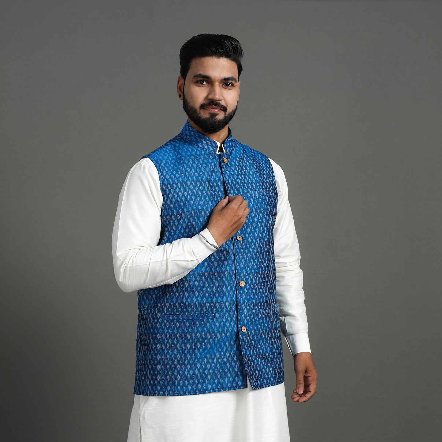 Buy Blue Silk Cotton Handwoven Pochampally Ikat Nehru Jacket