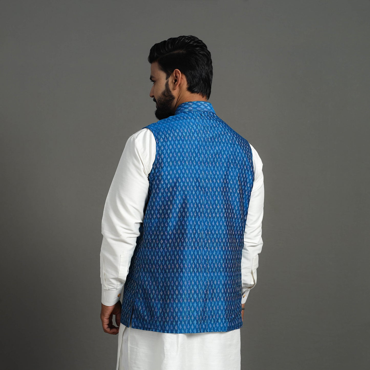 Buy Blue Silk Cotton Handwoven Pochampally Ikat Nehru Jacket