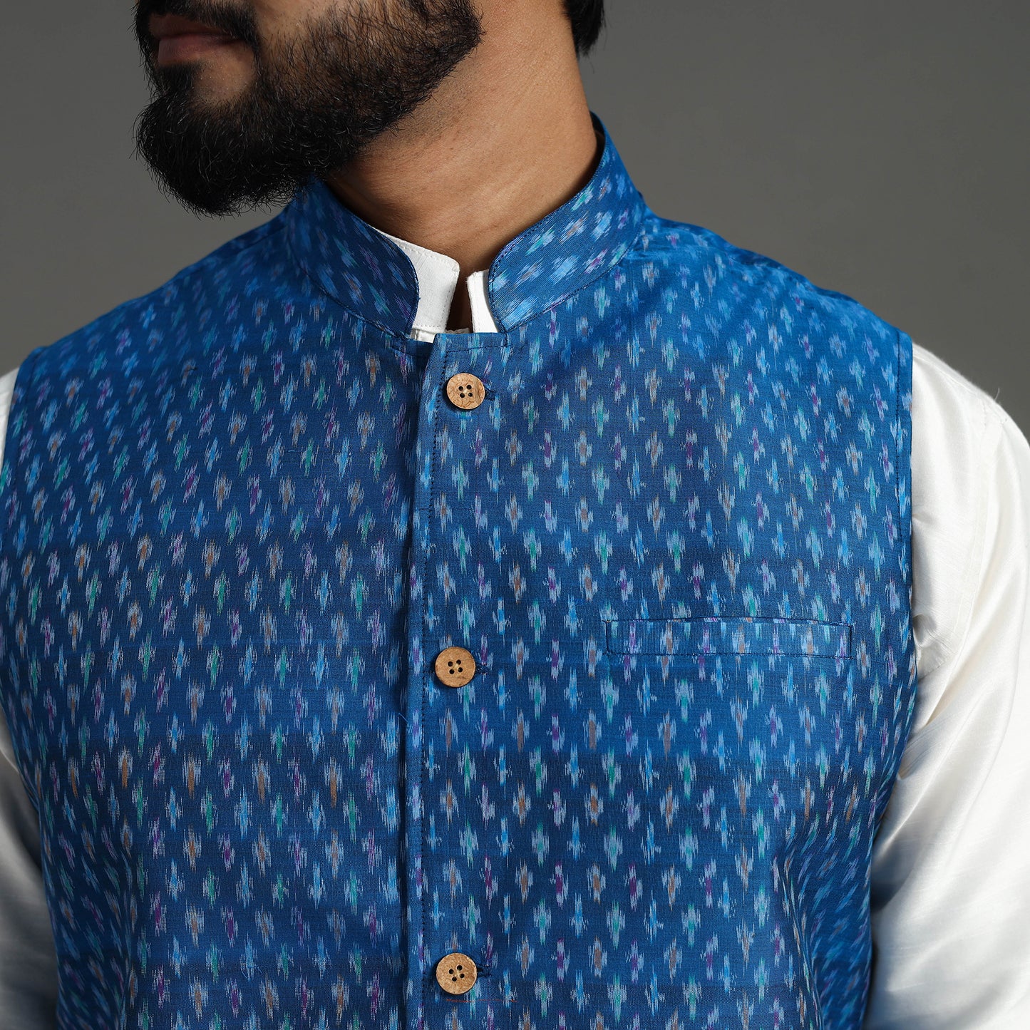 Buy Blue Silk Cotton Handwoven Pochampally Ikat Nehru Jacket