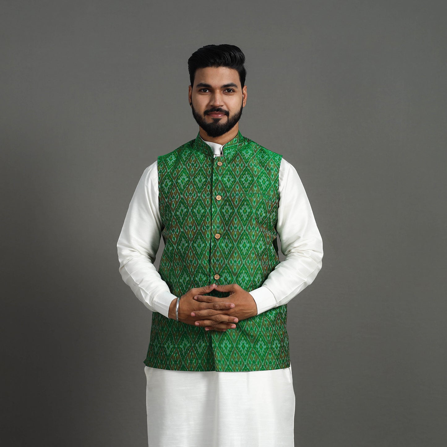 Green Silk Cotton Handwoven Pochampally Ikat Nehru Jacket