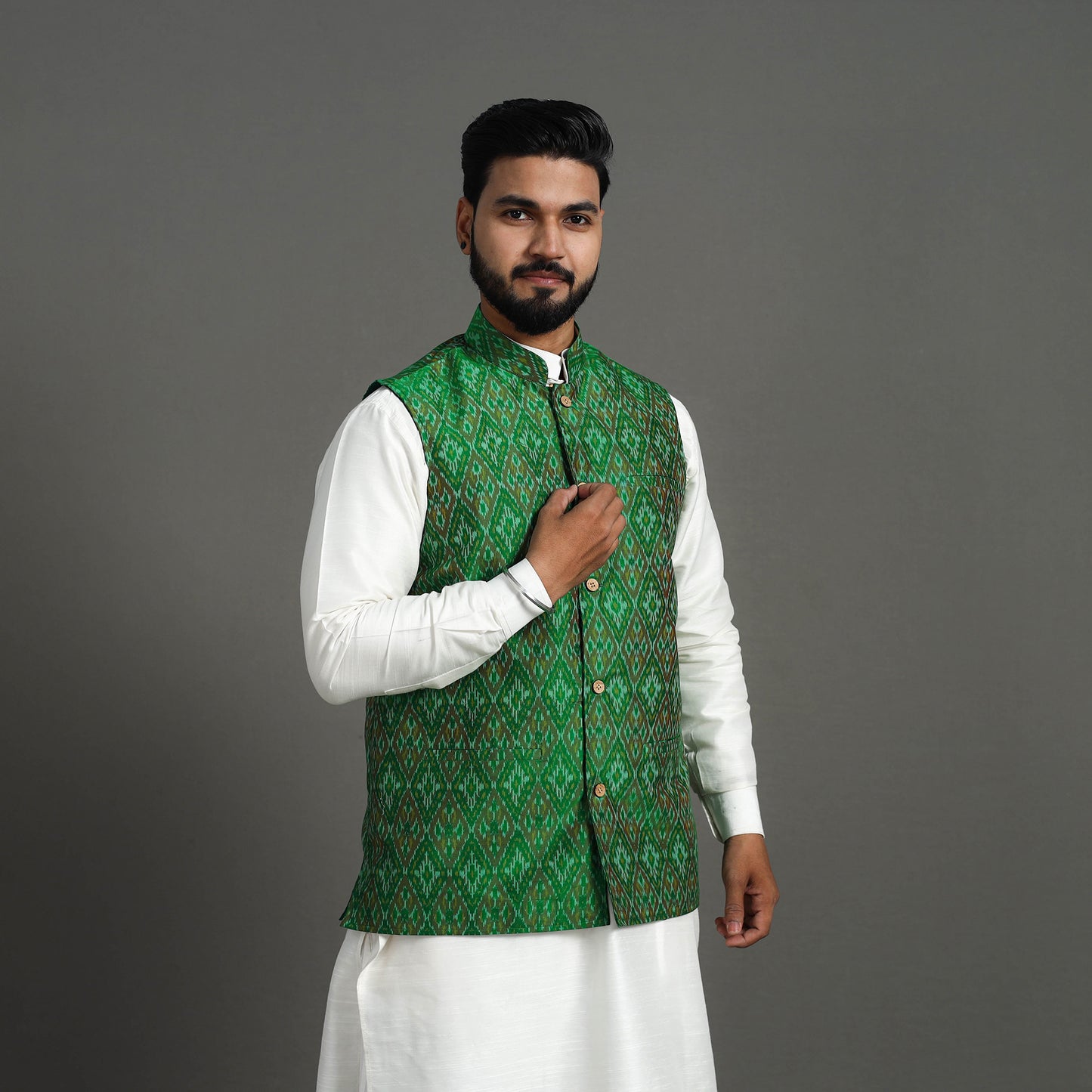 Green Silk Cotton Handwoven Pochampally Ikat Nehru Jacket