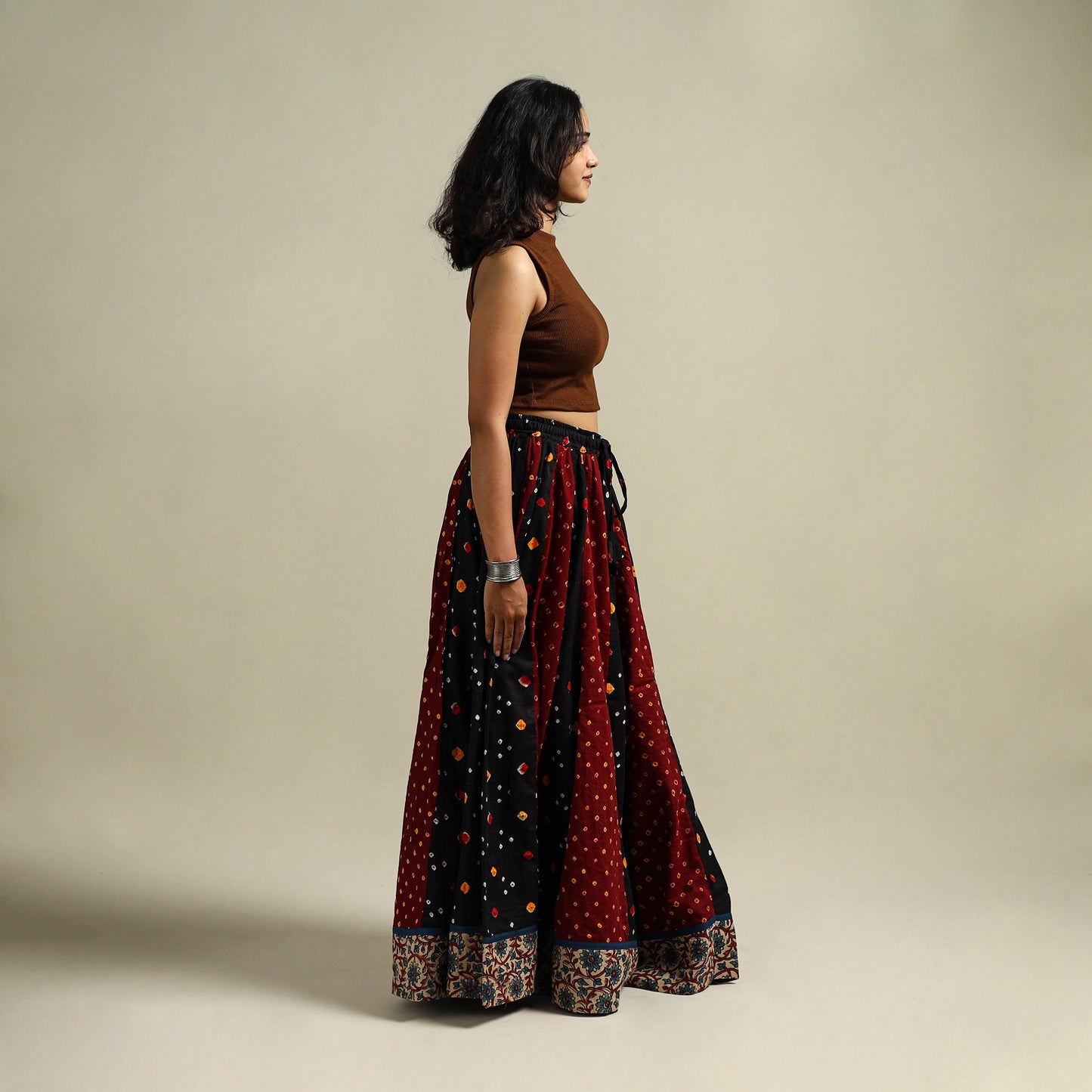 Multicolor - Bandhani Tie-Dye 24 Kali Patchwork Cotton Long Skirt 09