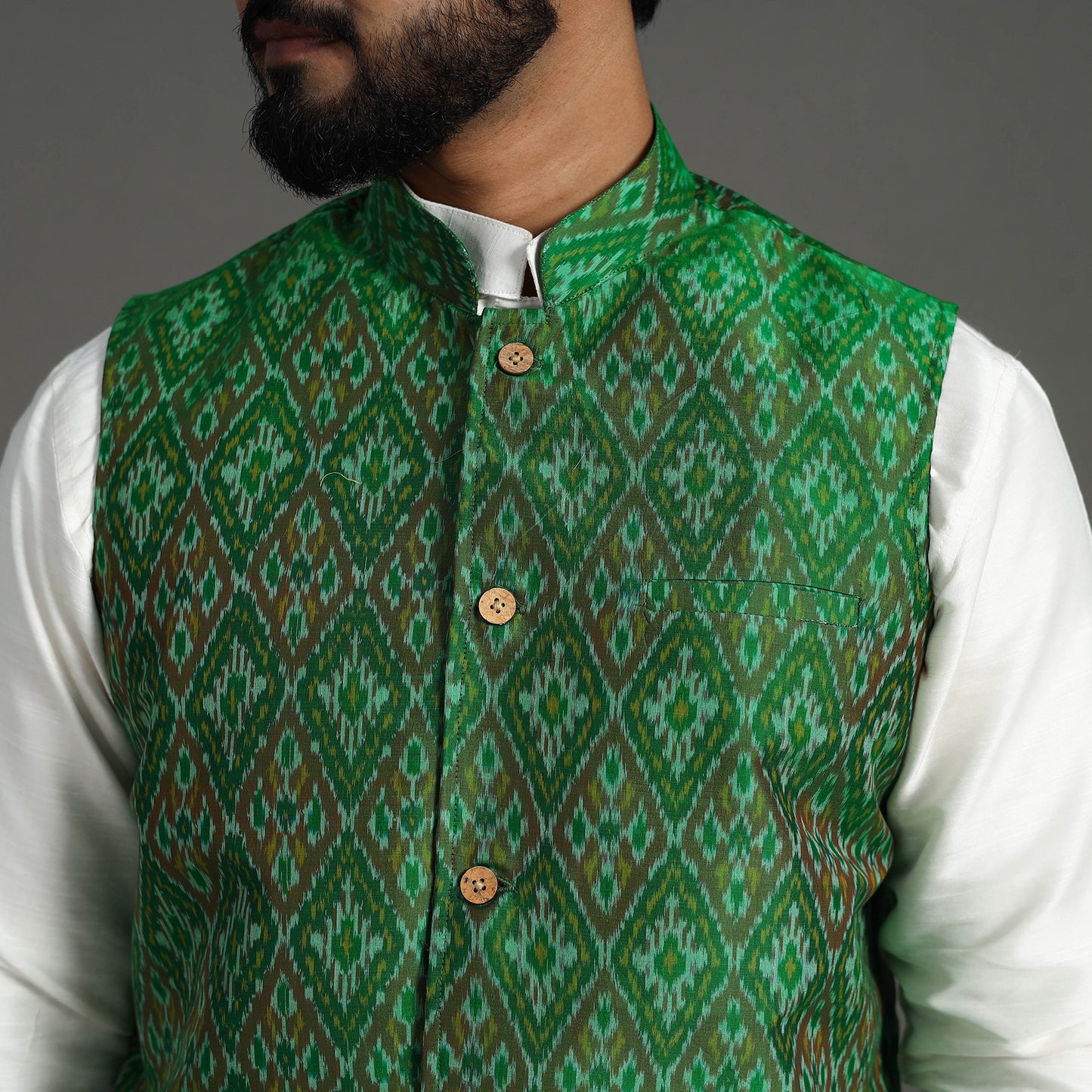 Green Silk Cotton Handwoven Pochampally Ikat Nehru Jacket