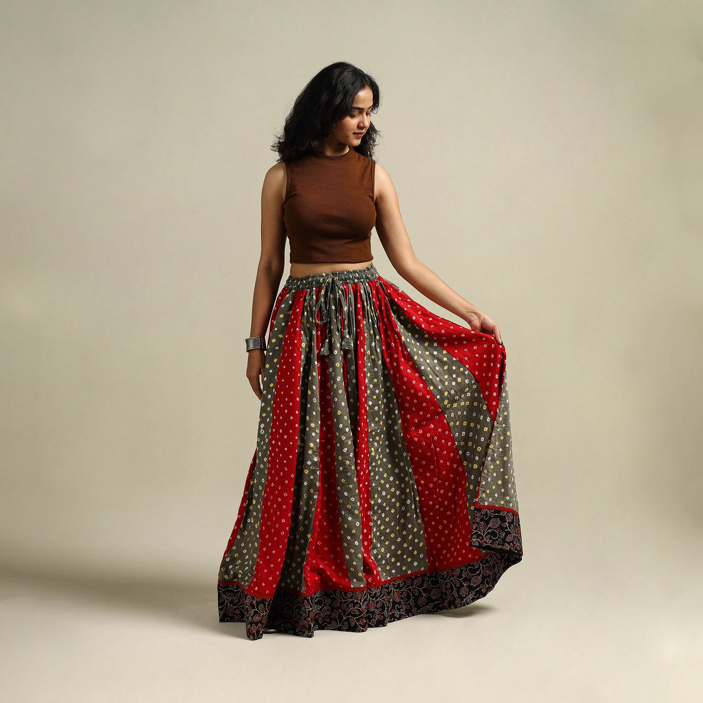 Multicolor - Bandhani Tie-Dye 24 Kali Patchwork Cotton Long Skirt 01