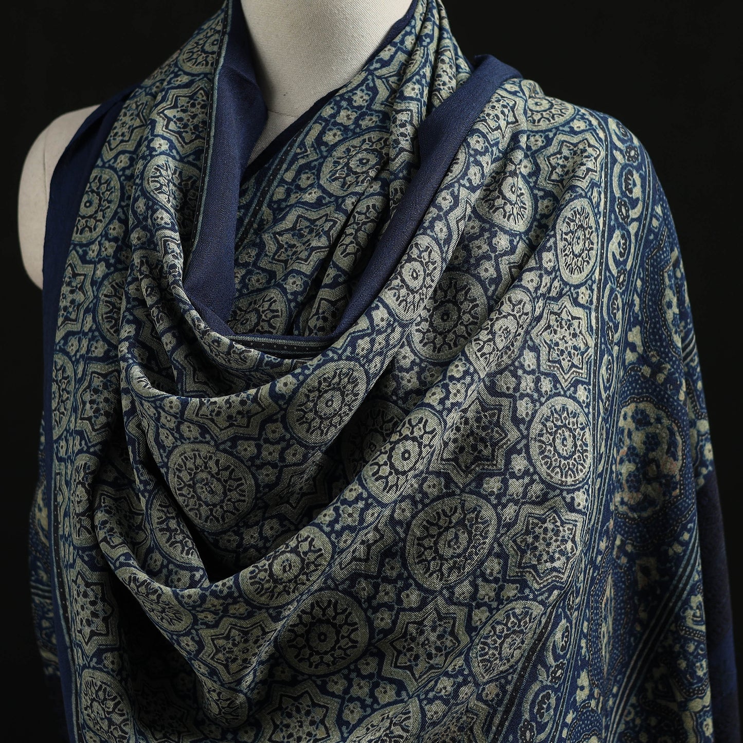 Kutch Handwoven Ajrakh Hand Block Print Merino Wool Shawl 55