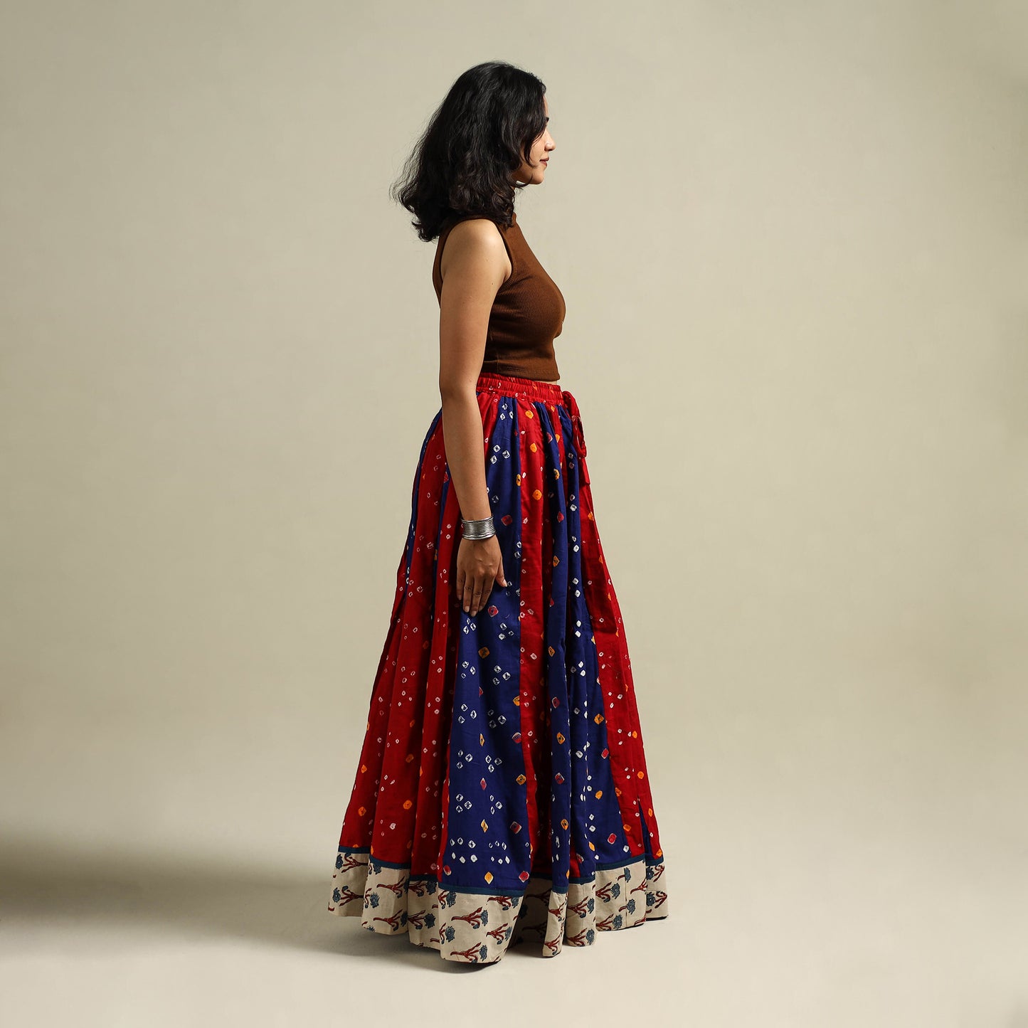 Multicolor - Bandhani Tie-Dye 24 Kali Patchwork Cotton Long Skirt 02