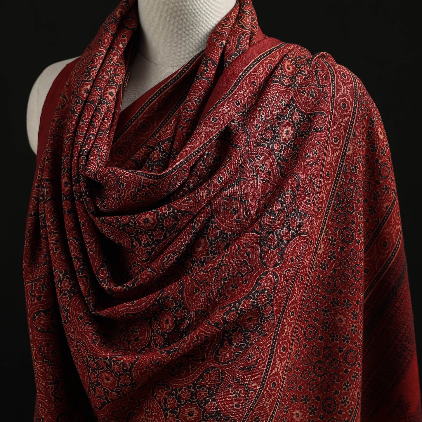 Kutch Handwoven Ajrakh Hand Block Print Merino Wool Shawl 58