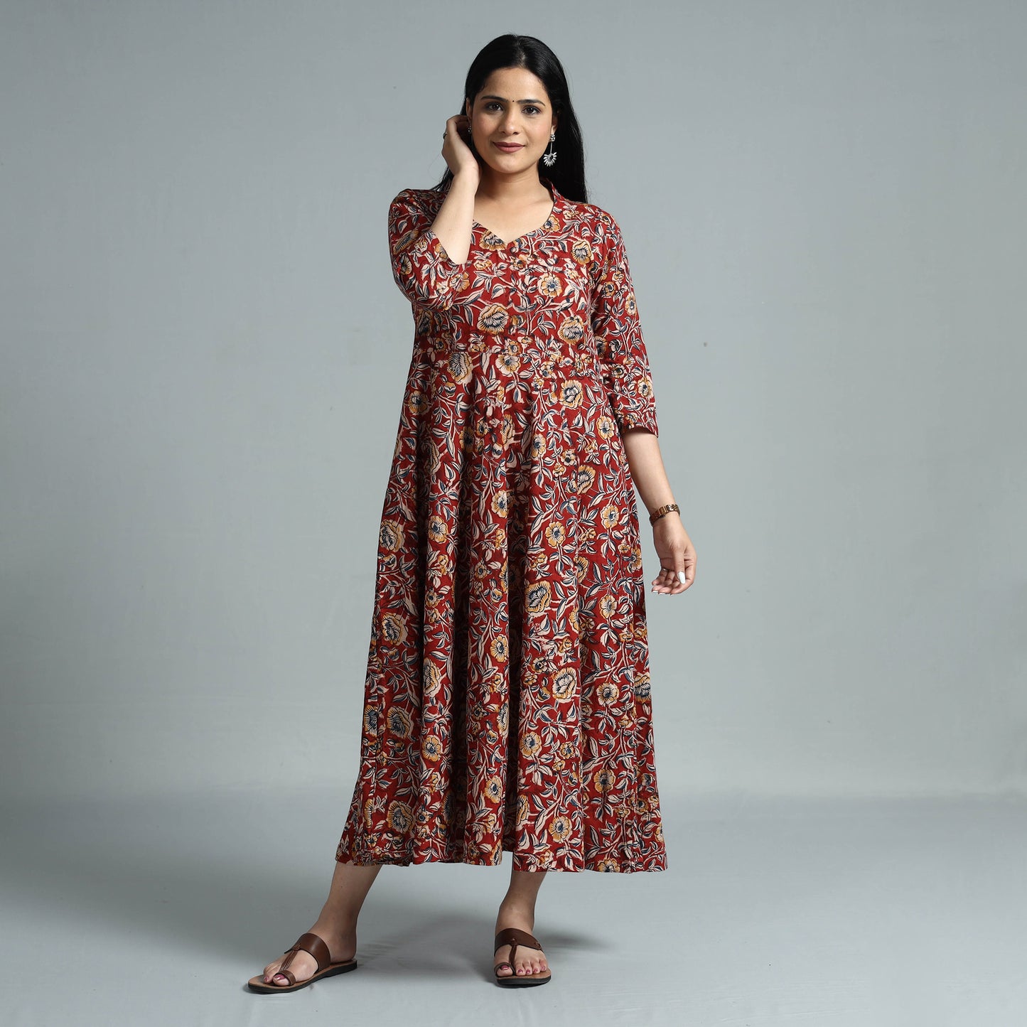 Red - Kalamkari Block Printed Cotton Flared Gher Dress