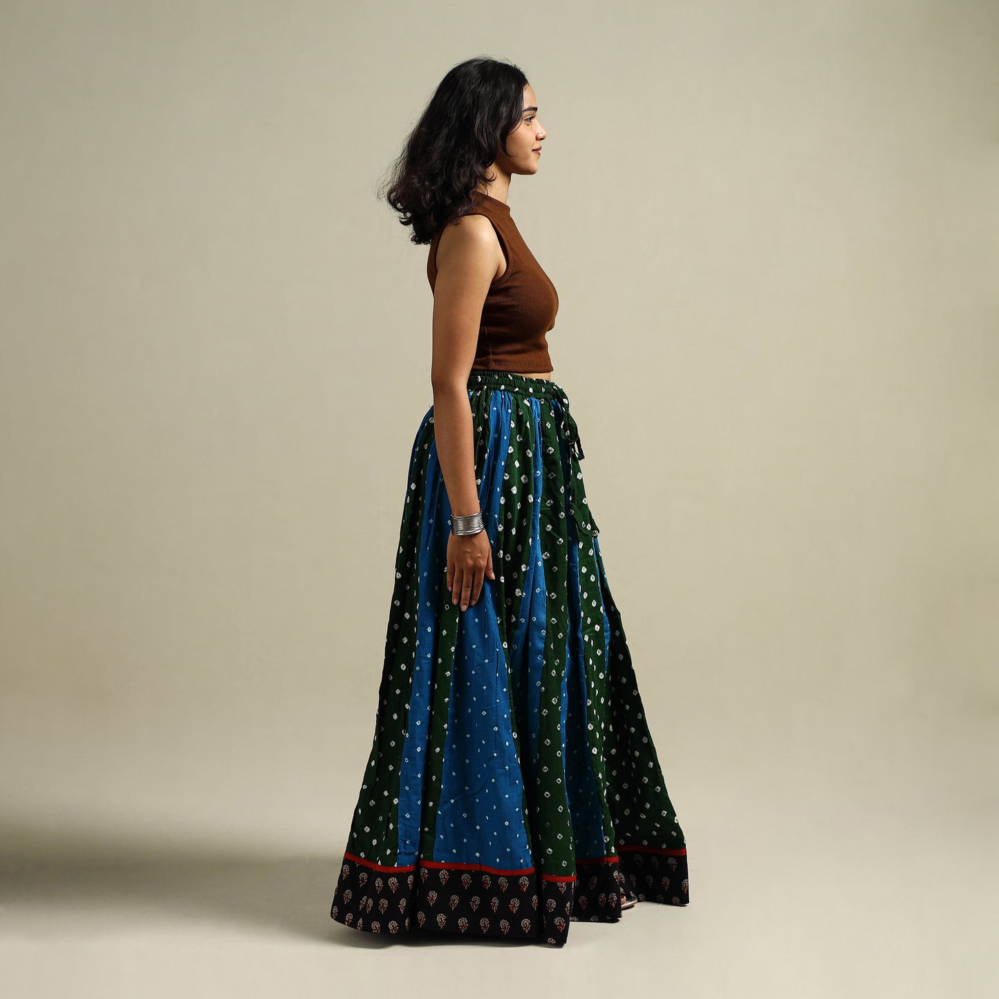 Multicolor - Bandhani Tie-Dye 24 Kali Patchwork Cotton Long Skirt 04