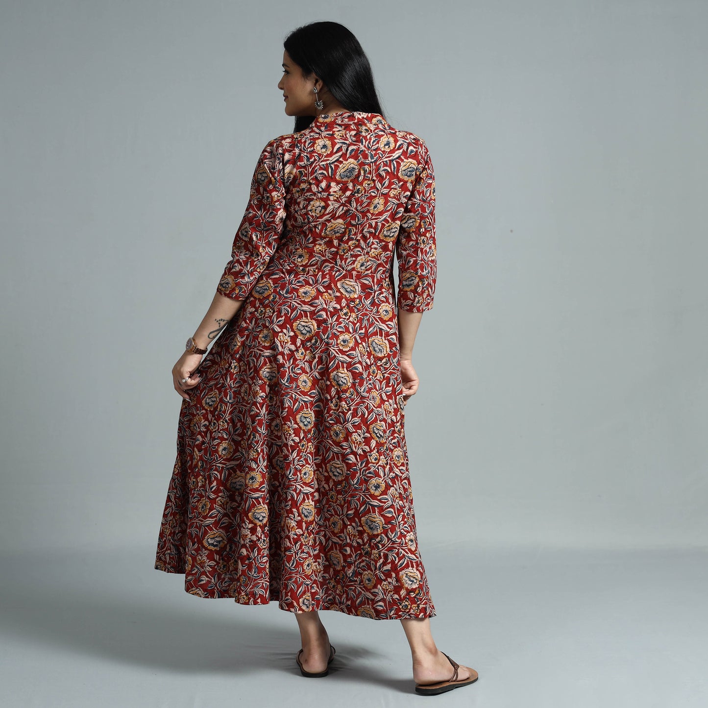 Red - Kalamkari Block Printed Cotton Flared Gher Dress