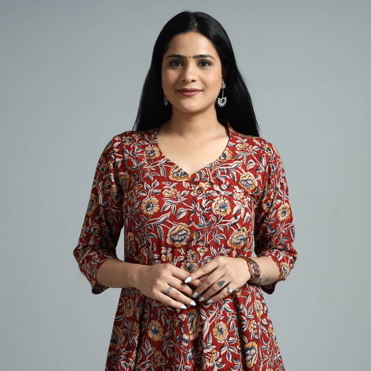 Red - Kalamkari Block Printed Cotton Flared Gher Dress