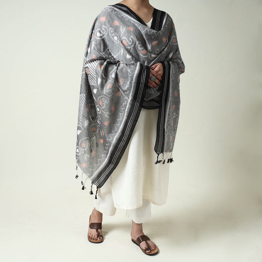 Grey - Maniabandha Ikat Weave Handloom Cotton Dupatta with Tassels