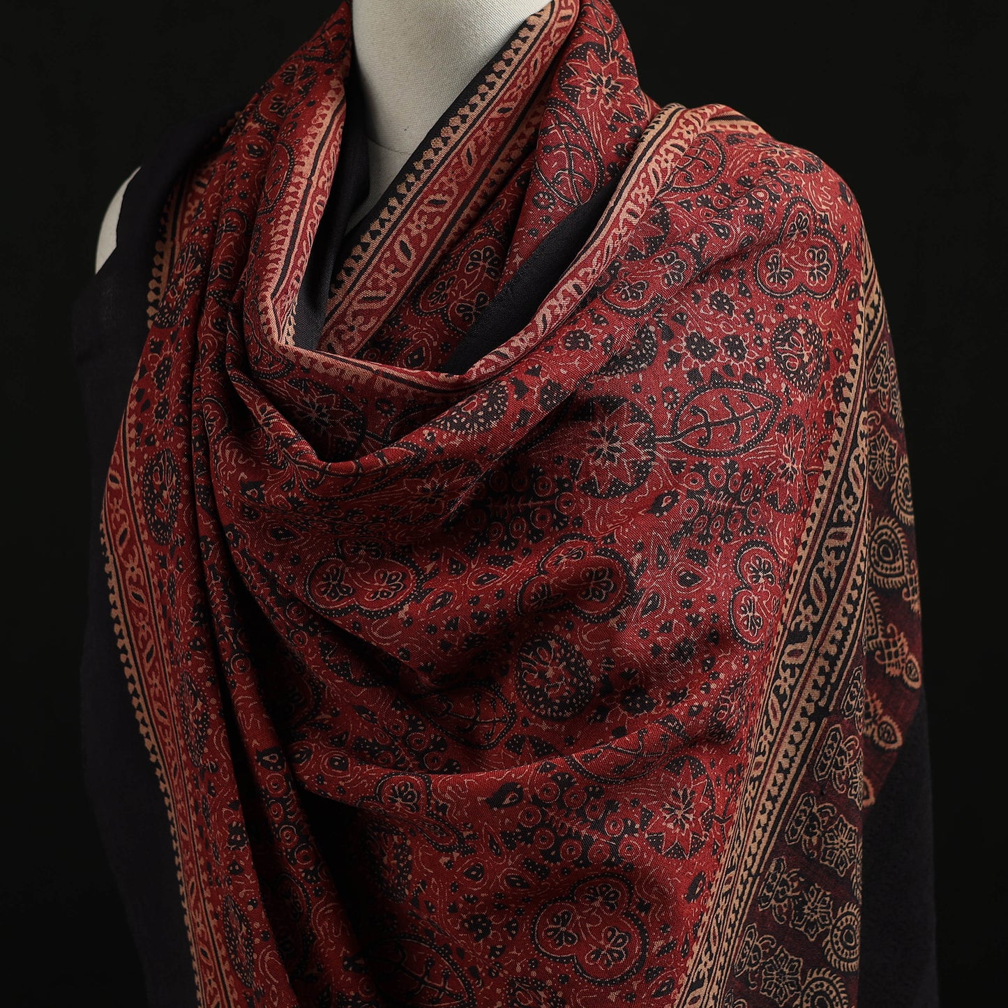 Kutch Handwoven Ajrakh Hand Block Print Merino Wool Shawl 60