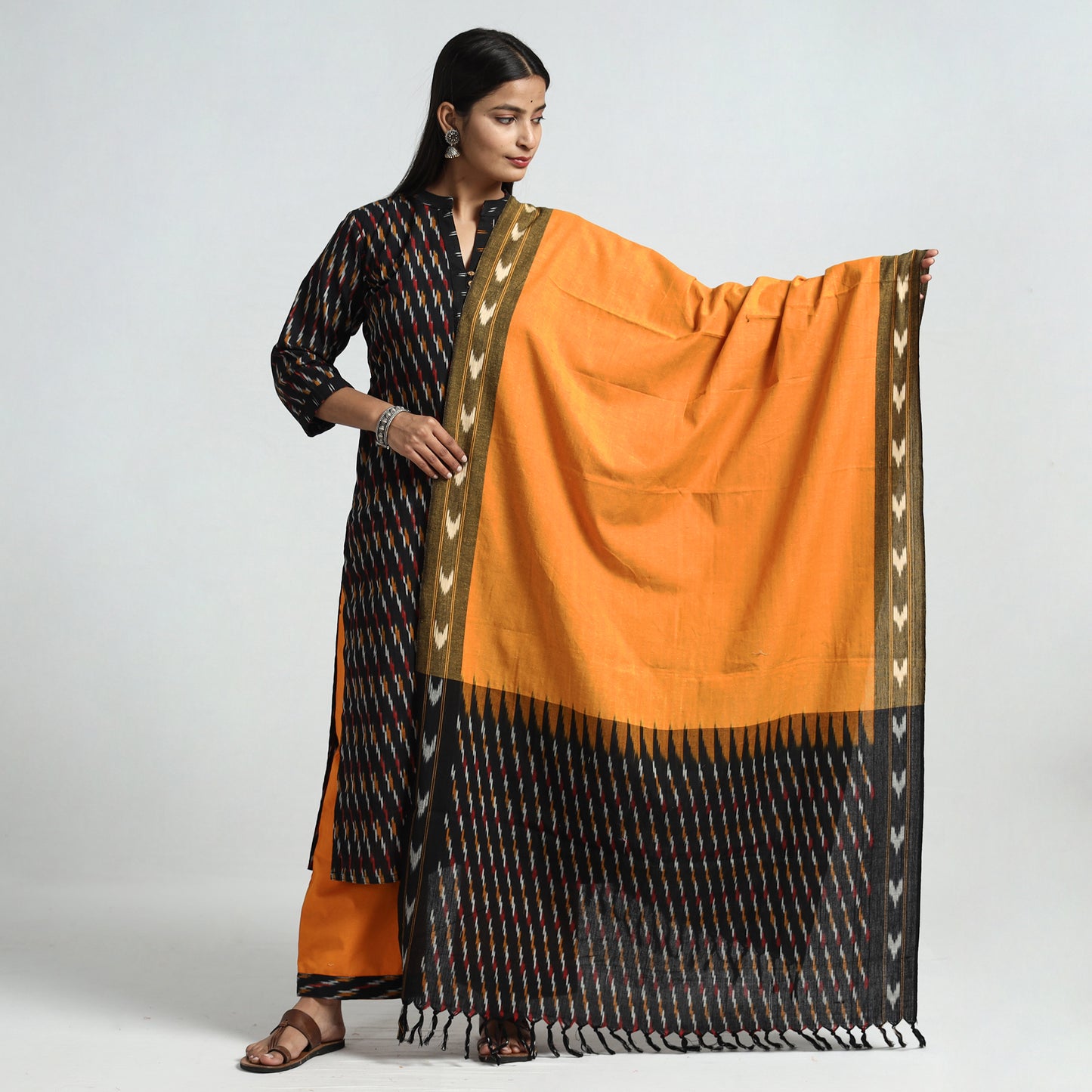 Buy Pochampally Ikat Weave Cotton Kurta with Palazzo & Dupatta Set Online l iTokri.com