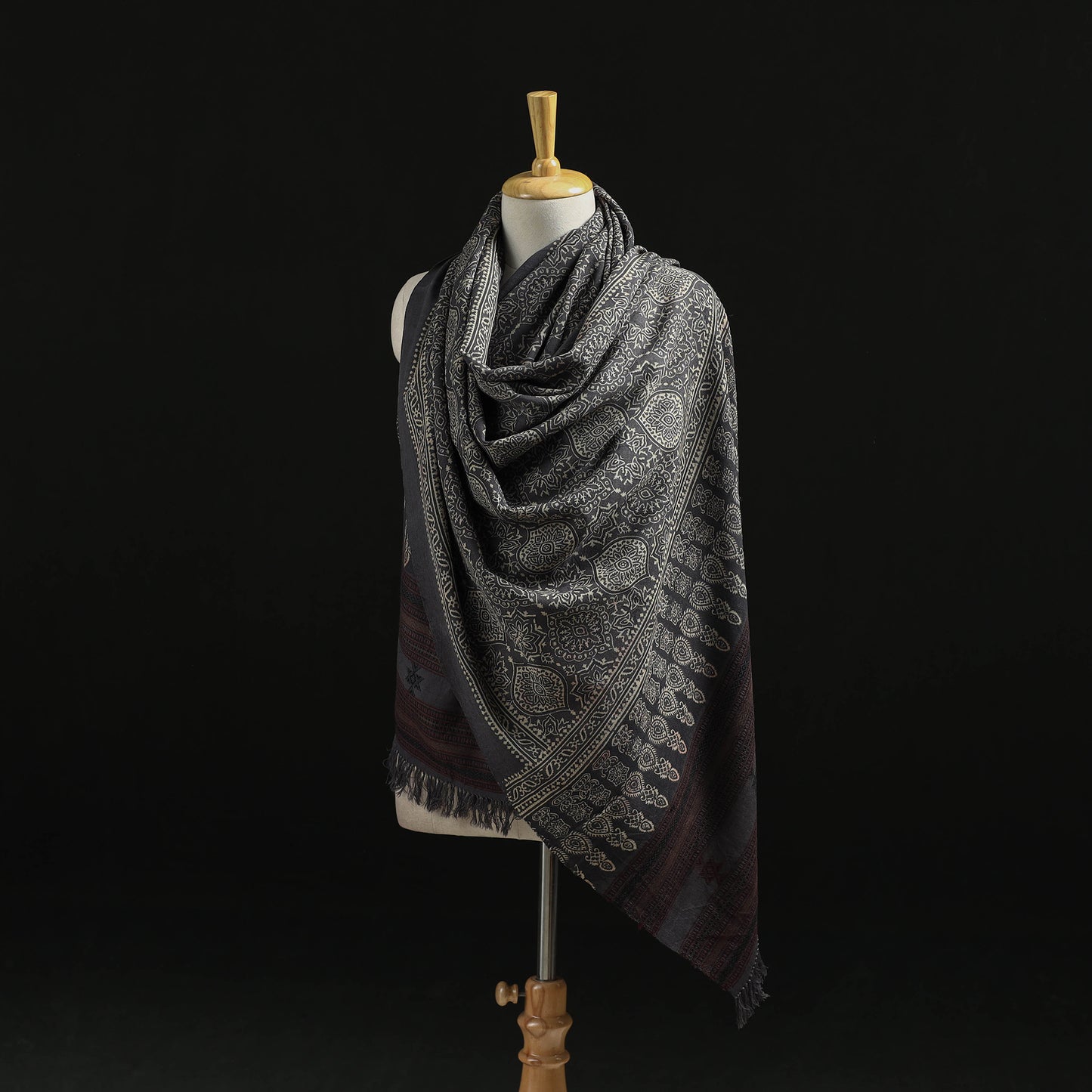 Kutch Handwoven Ajrakh Hand Block Print Merino Wool Shawl 61