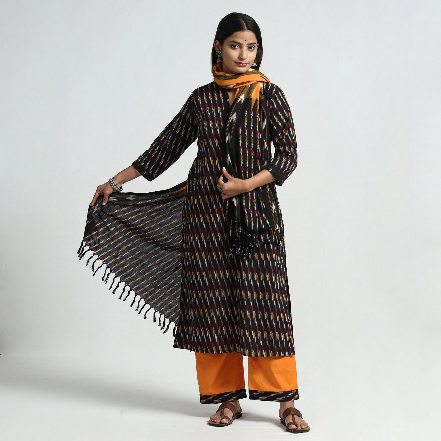 Buy Pochampally Ikat Weave Cotton Kurta with Palazzo & Dupatta Set Online l iTokri.com