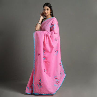 Pink - Applique Patti Kaam Pure Cotton Saree from Rampur 14