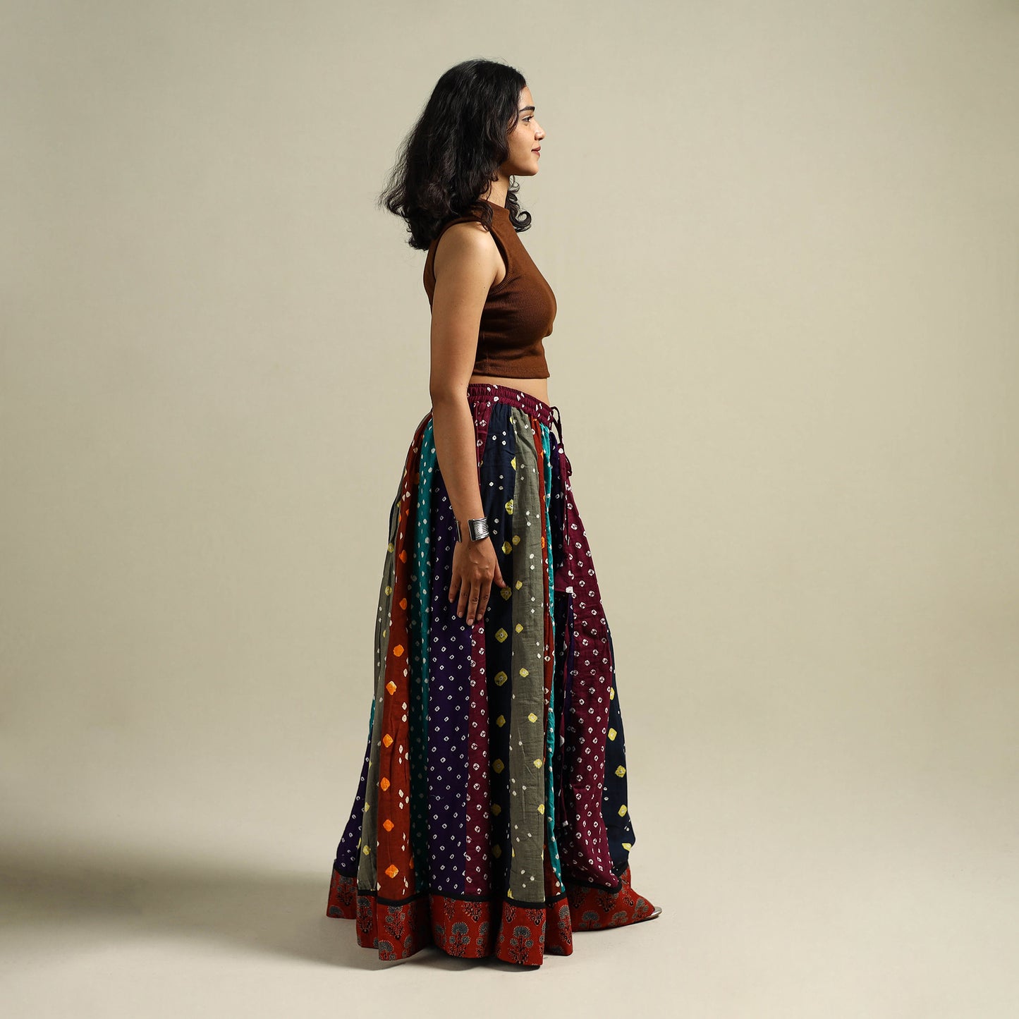 Multicolor - Bandhani Tie-Dye 24 Kali Patchwork Cotton Long Skirt 07
