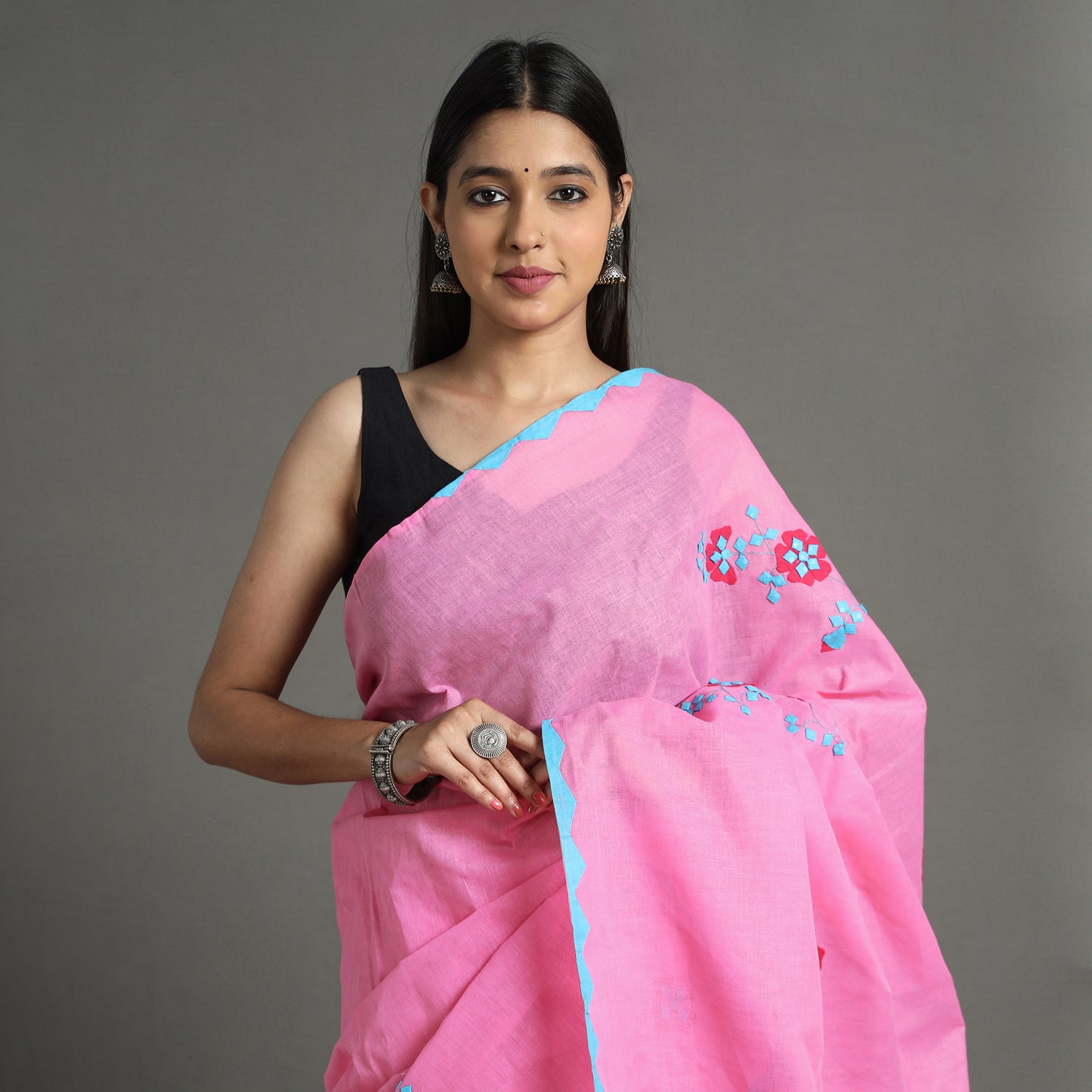 Pink - Applique Patti Kaam Pure Cotton Saree from Rampur 14