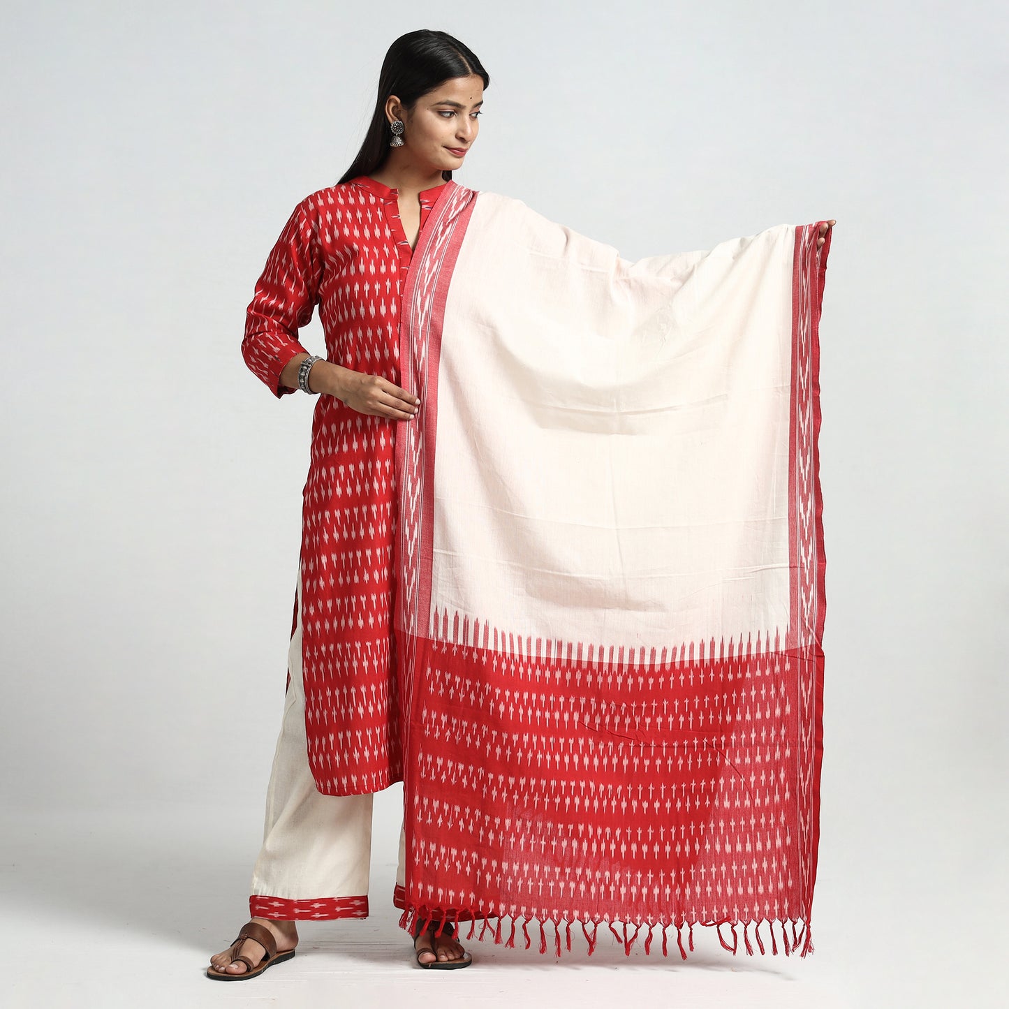 Pink - Red - Pochampally Ikat Weave Cotton Kurta with Palazzo & Dupatta Set