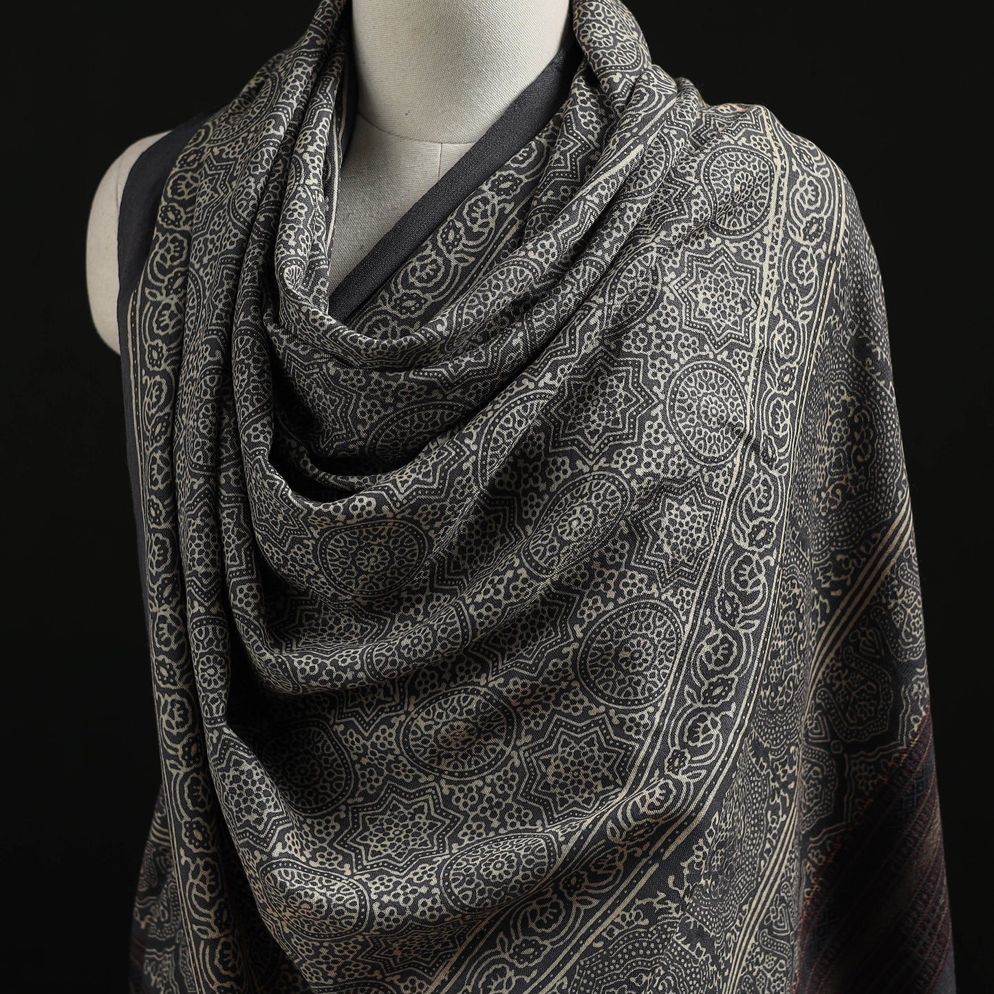 Kutch Handwoven Ajrakh Hand Block Print Merino Wool Shawl 62