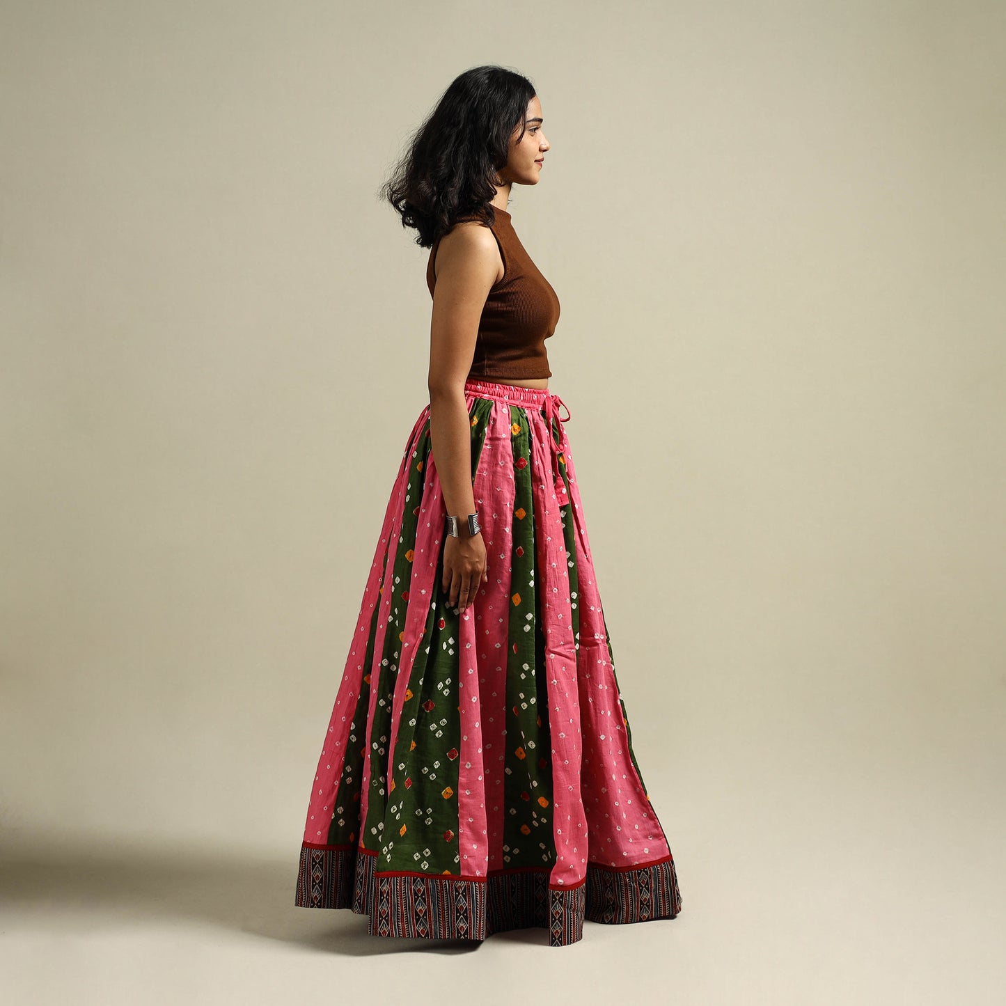 Multicolor - Bandhani Tie-Dye 24 Kali Patchwork Cotton Long Skirt 08