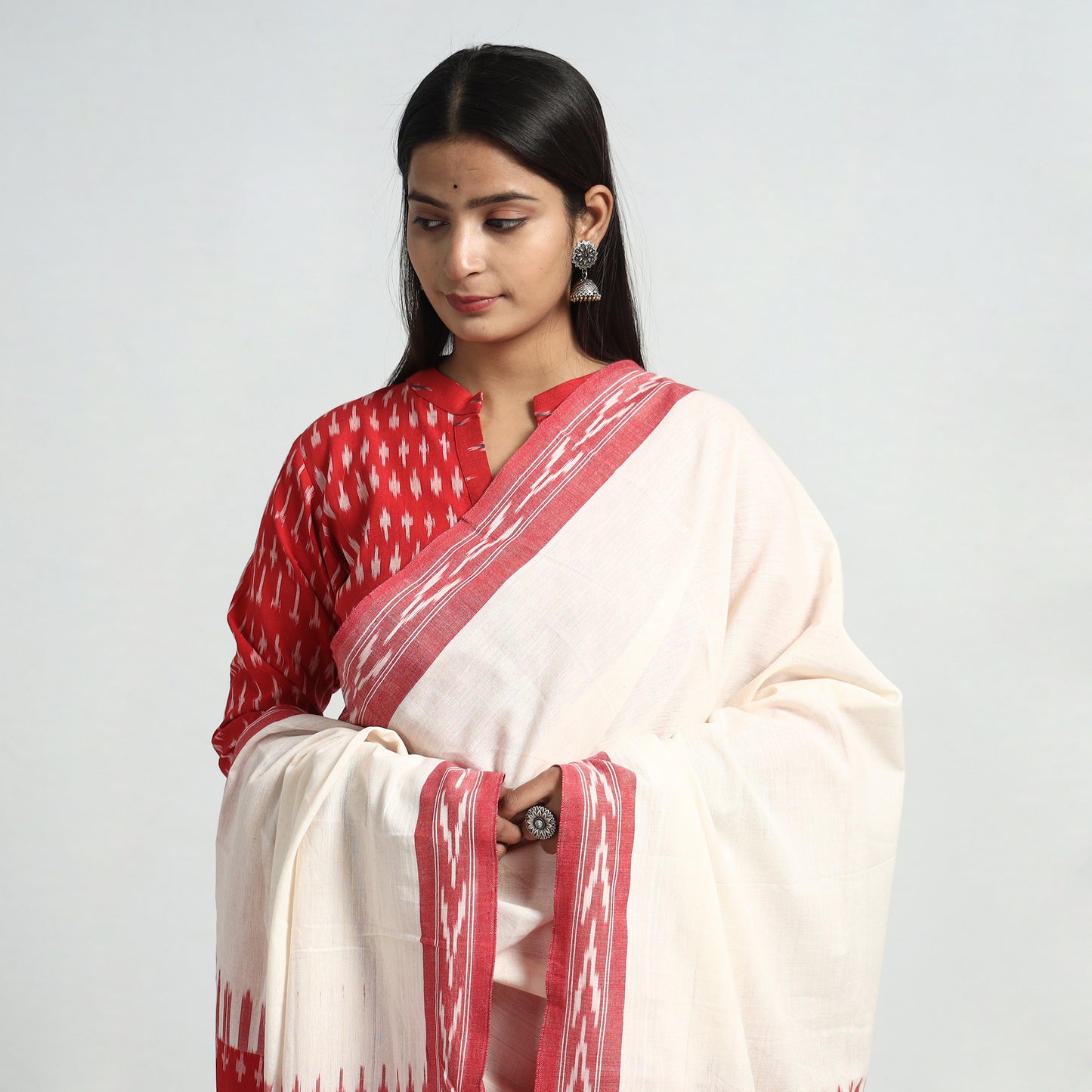 Pink - Red - Pochampally Ikat Weave Cotton Kurta with Palazzo & Dupatta Set