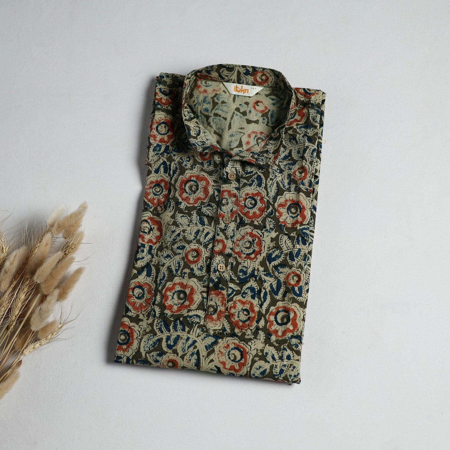 Hand Block Print Natural Dyed Cotton Long Kalamkari Kurta for Men 12