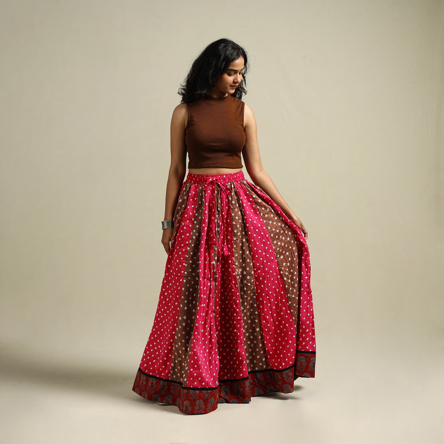 Multicolor - Bandhani Tie-Dye 24 Kali Patchwork Cotton Long Skirt 10