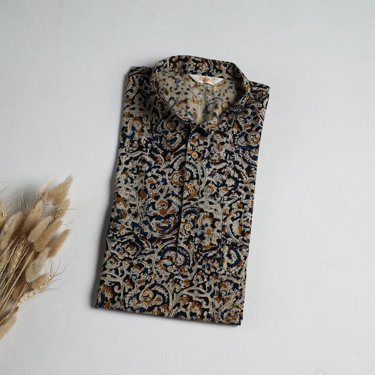 Hand Block Print Natural Dyed Cotton Short Kalamkari Kurta for Men 04