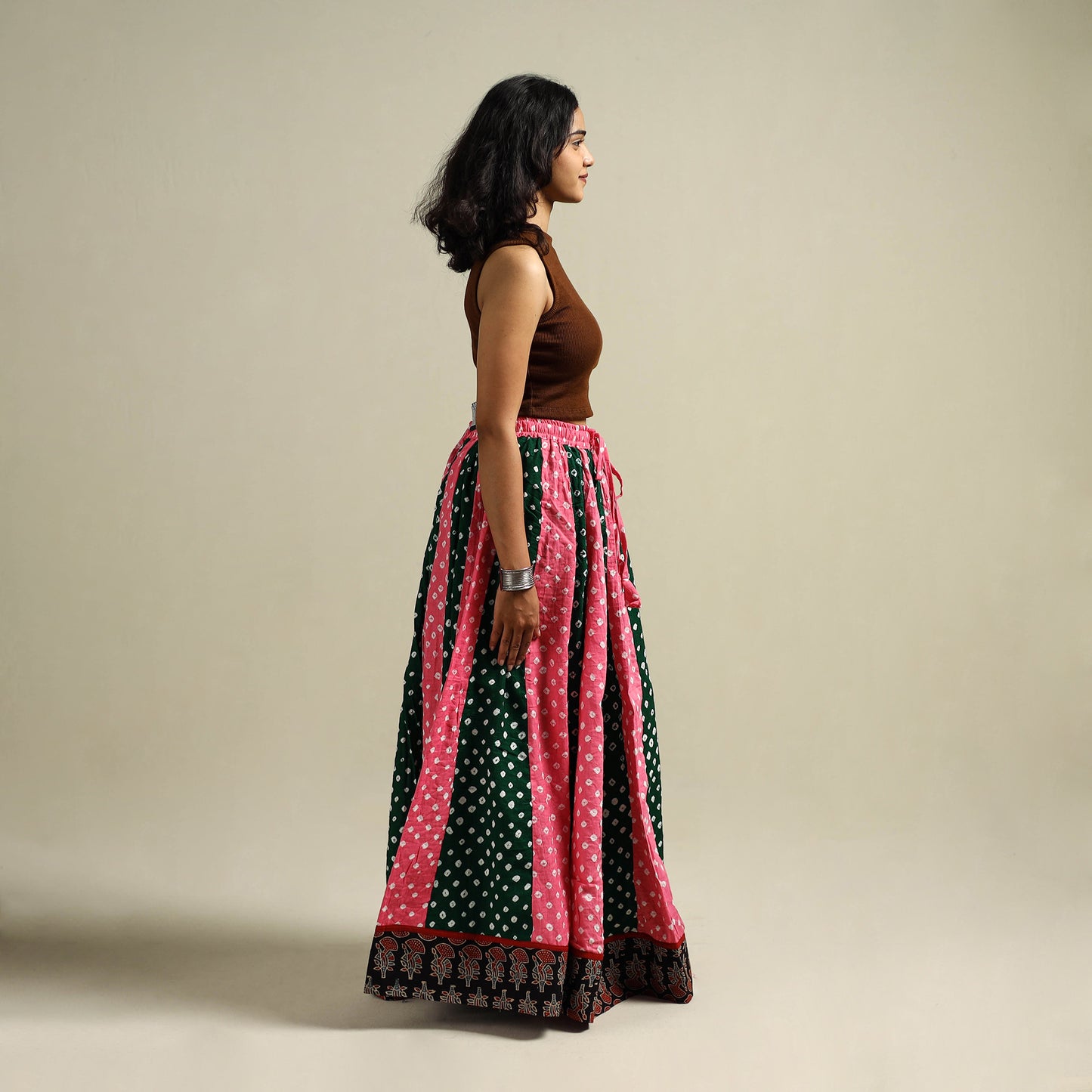 Multicolor - Bandhani Tie-Dye 24 Kali Patchwork Cotton Long Skirt 11