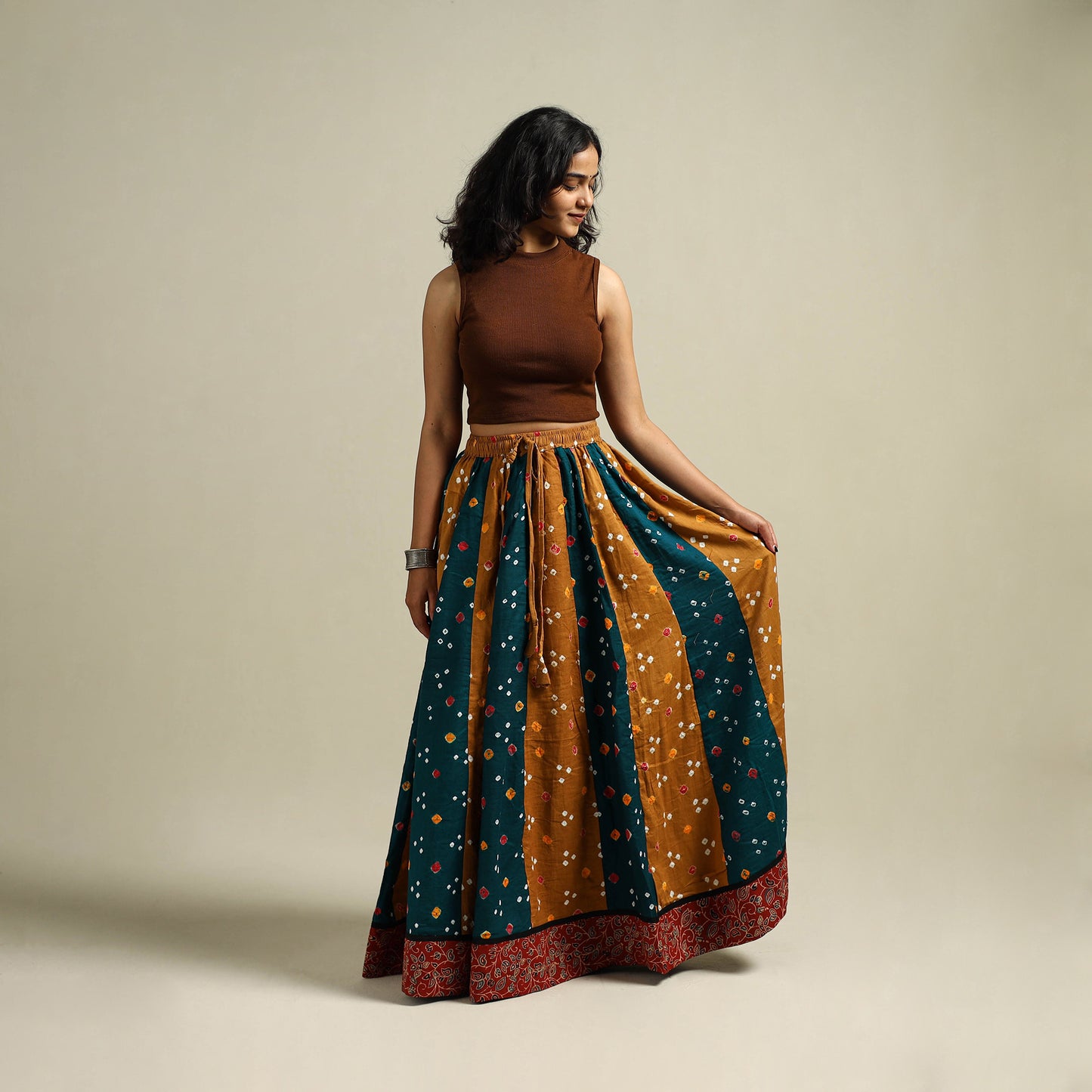 Multicolor - Bandhani Tie-Dye 24 Kali Patchwork Cotton Long Skirt 12