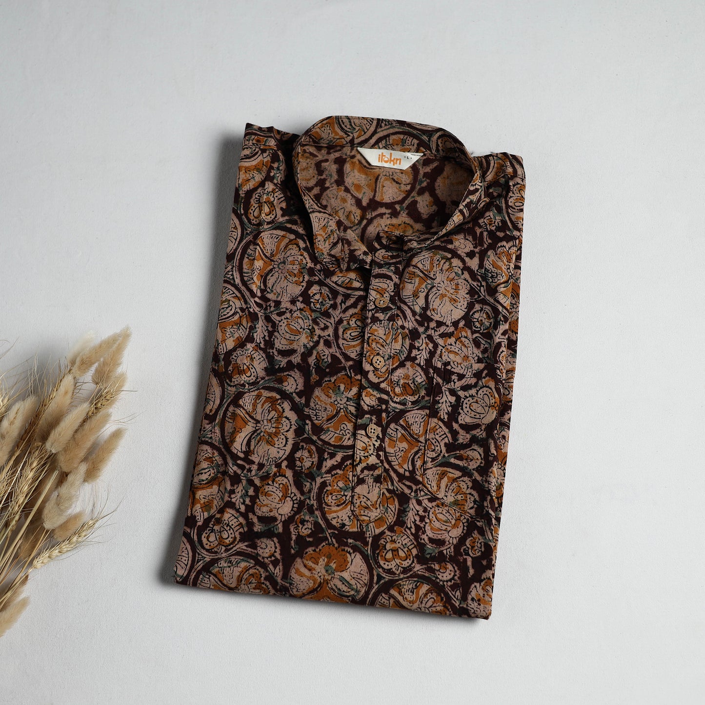 Hand Block Print Natural Dyed Cotton Short Kalamkari Kurta for Men 10