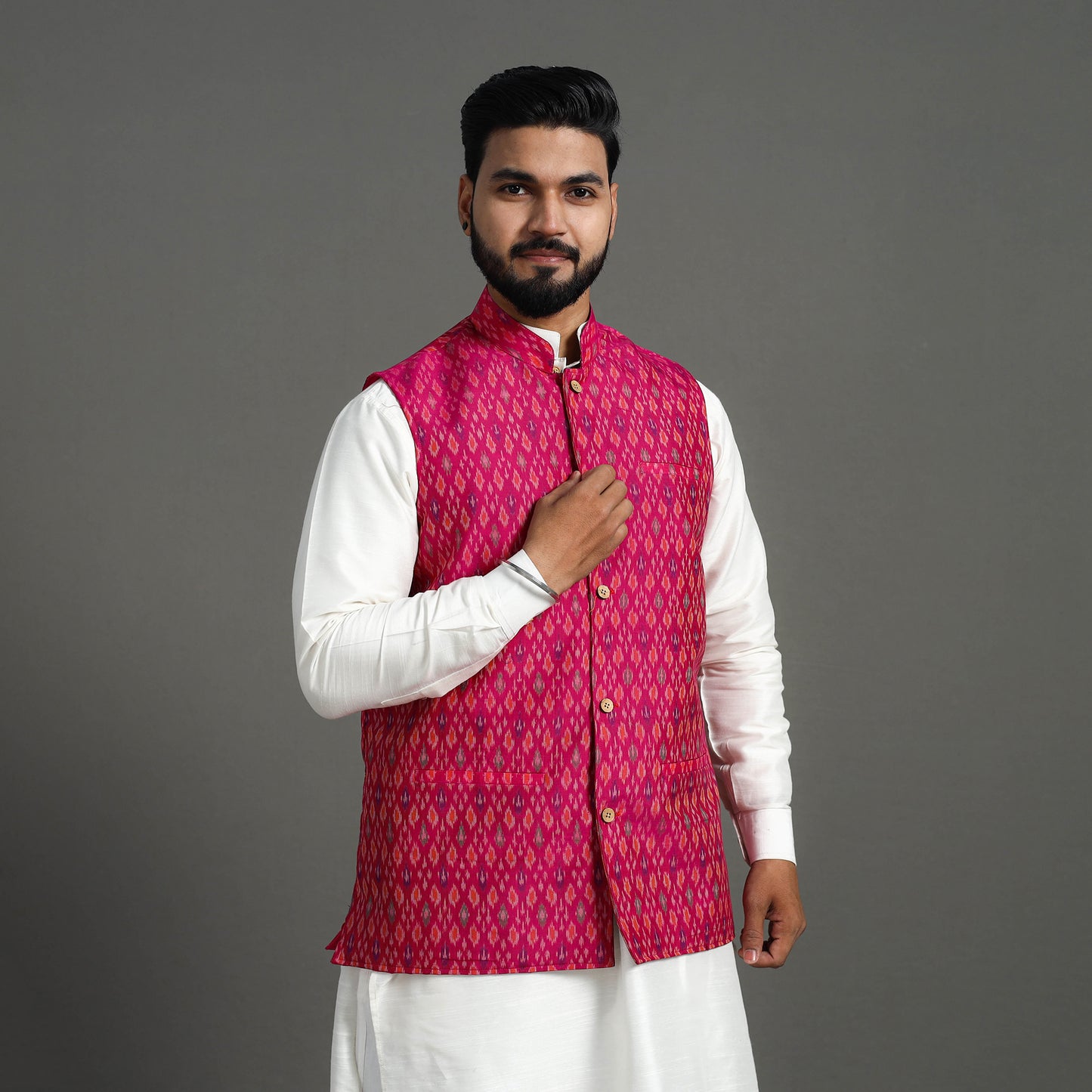 Buy Pink Silk Cotton Handwoven Pochampally Ikat Nehru Jacket