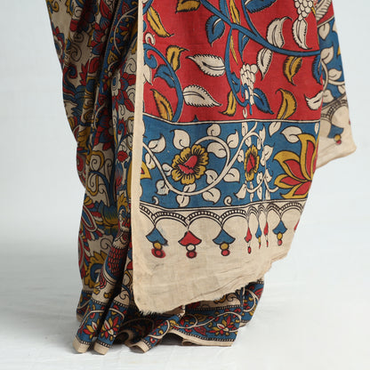 Beige - Kalamkari Printed Cotton Saree with Blouse Piece 04