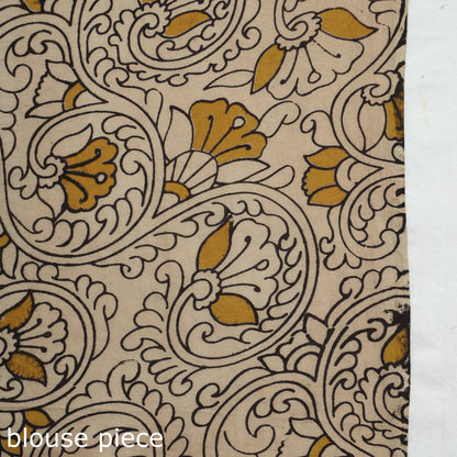 Beige - Kalamkari Printed Cotton Saree with Blouse Piece 04