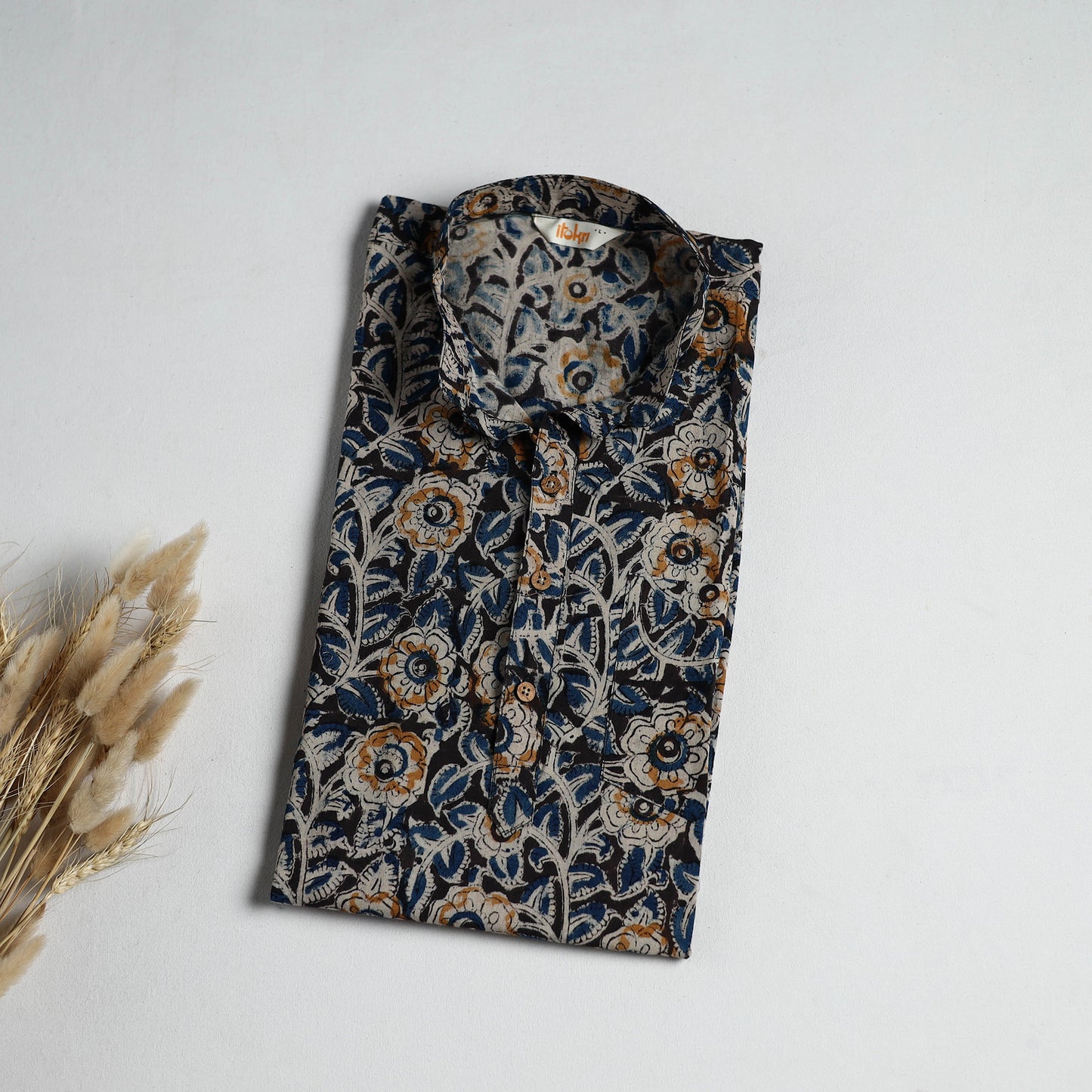Hand Block Print Natural Dyed Cotton Short Kalamkari Kurta for Men 03