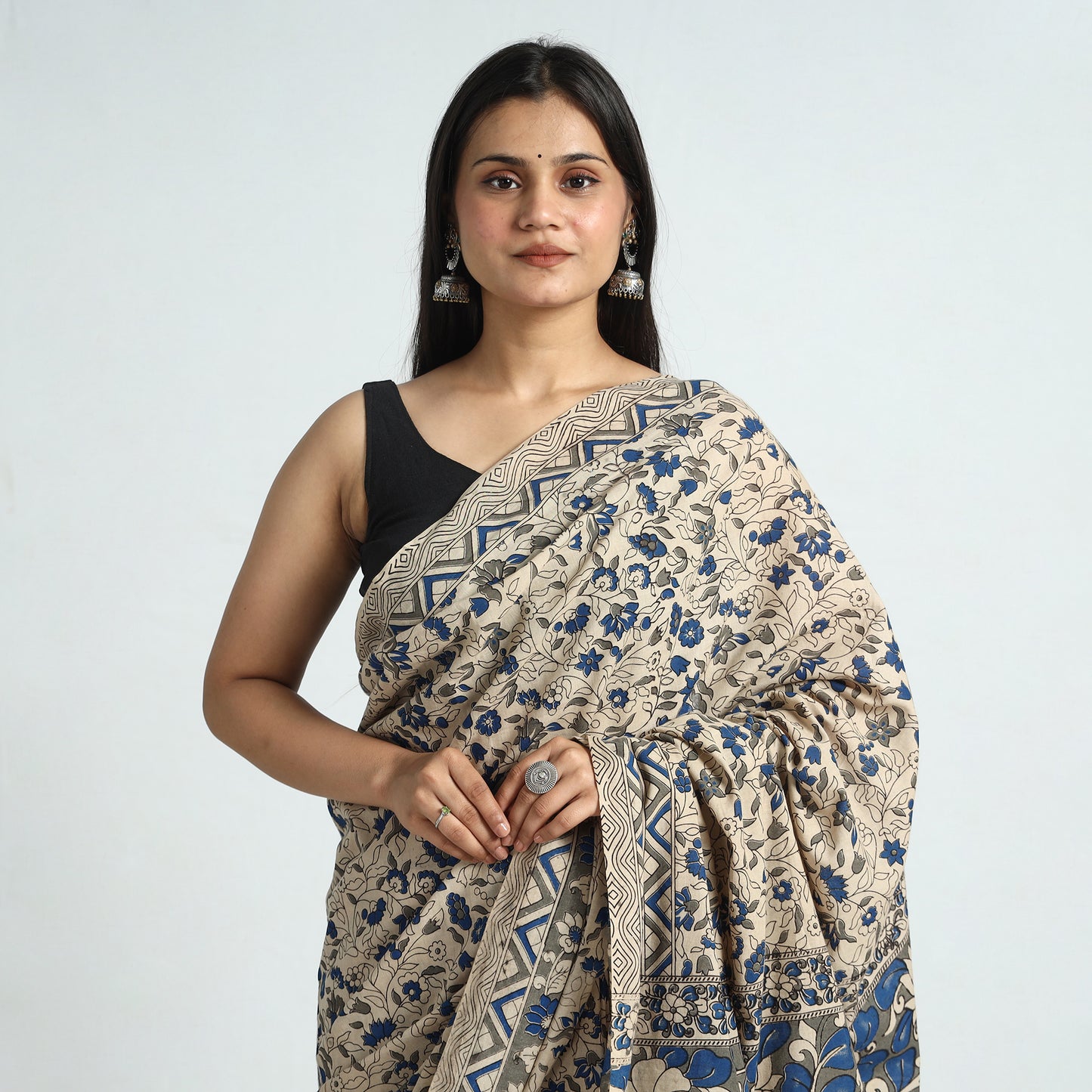 Beige - Kalamkari Printed Cotton Saree with Blouse Piece 05