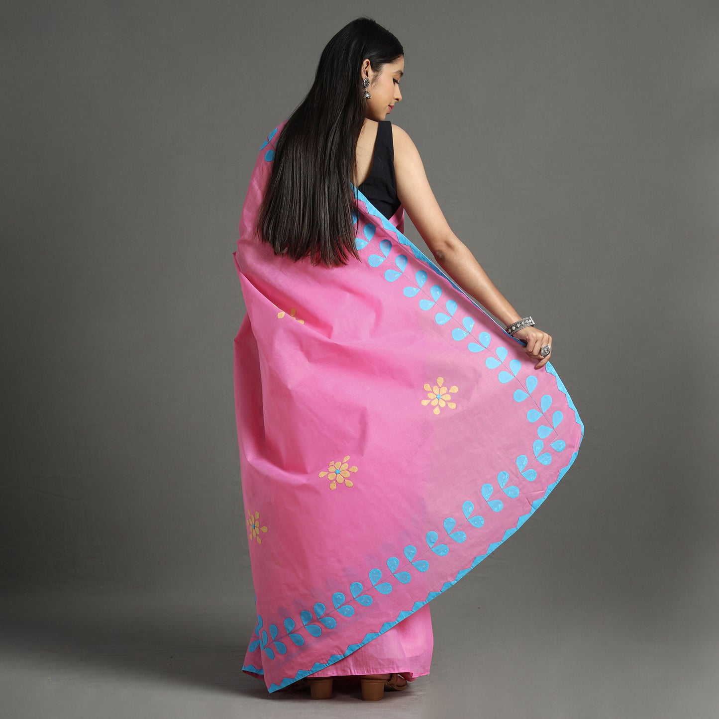 Pink - Applique Patti Kaam Pure Cotton Saree from Rampur 09