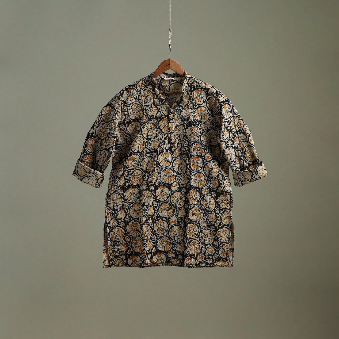 Hand Block Print Natural Dyed Cotton Short Kalamkari Kurta for Men 06