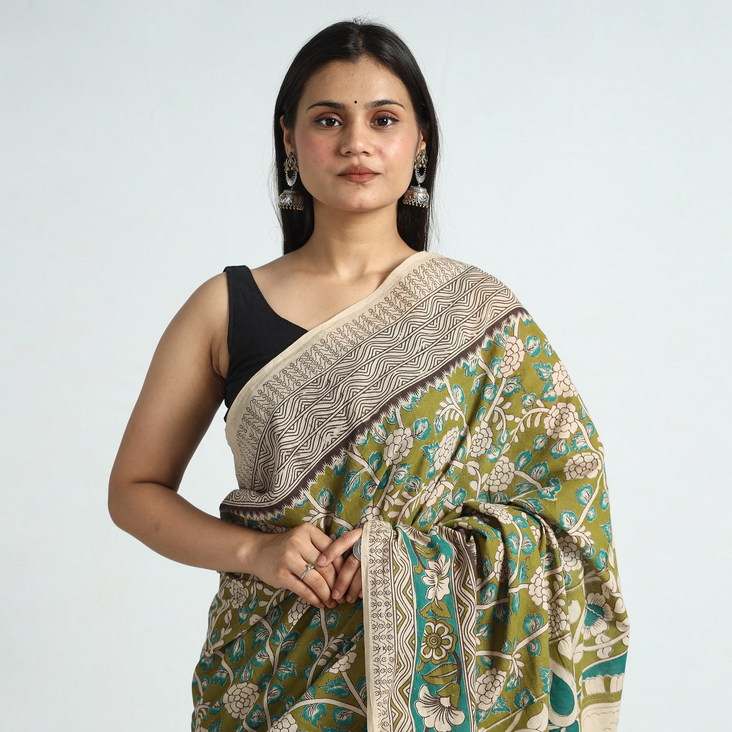 Green - Kalamkari Printed Cotton Saree with Blouse Piece 06