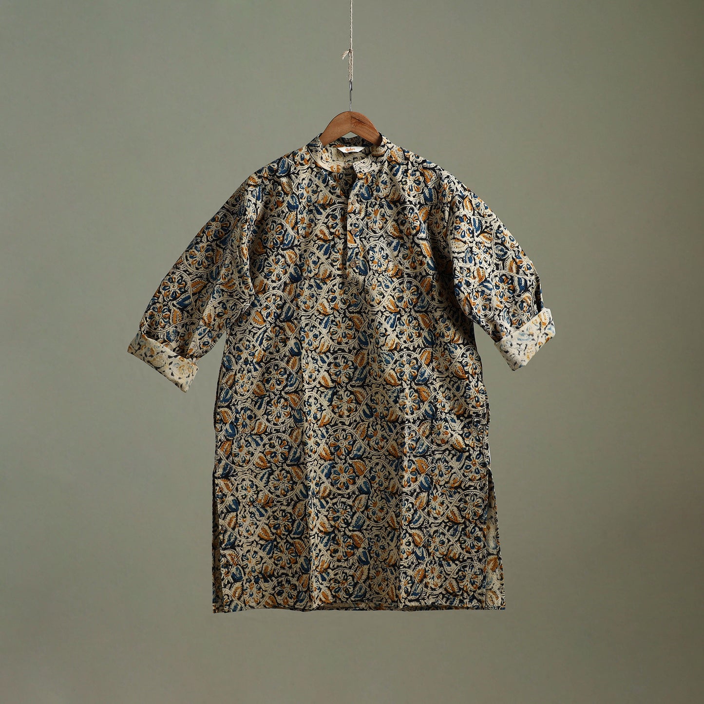 Hand Block Print Natural Dyed Cotton Long Kalamkari Kurta for Men 19